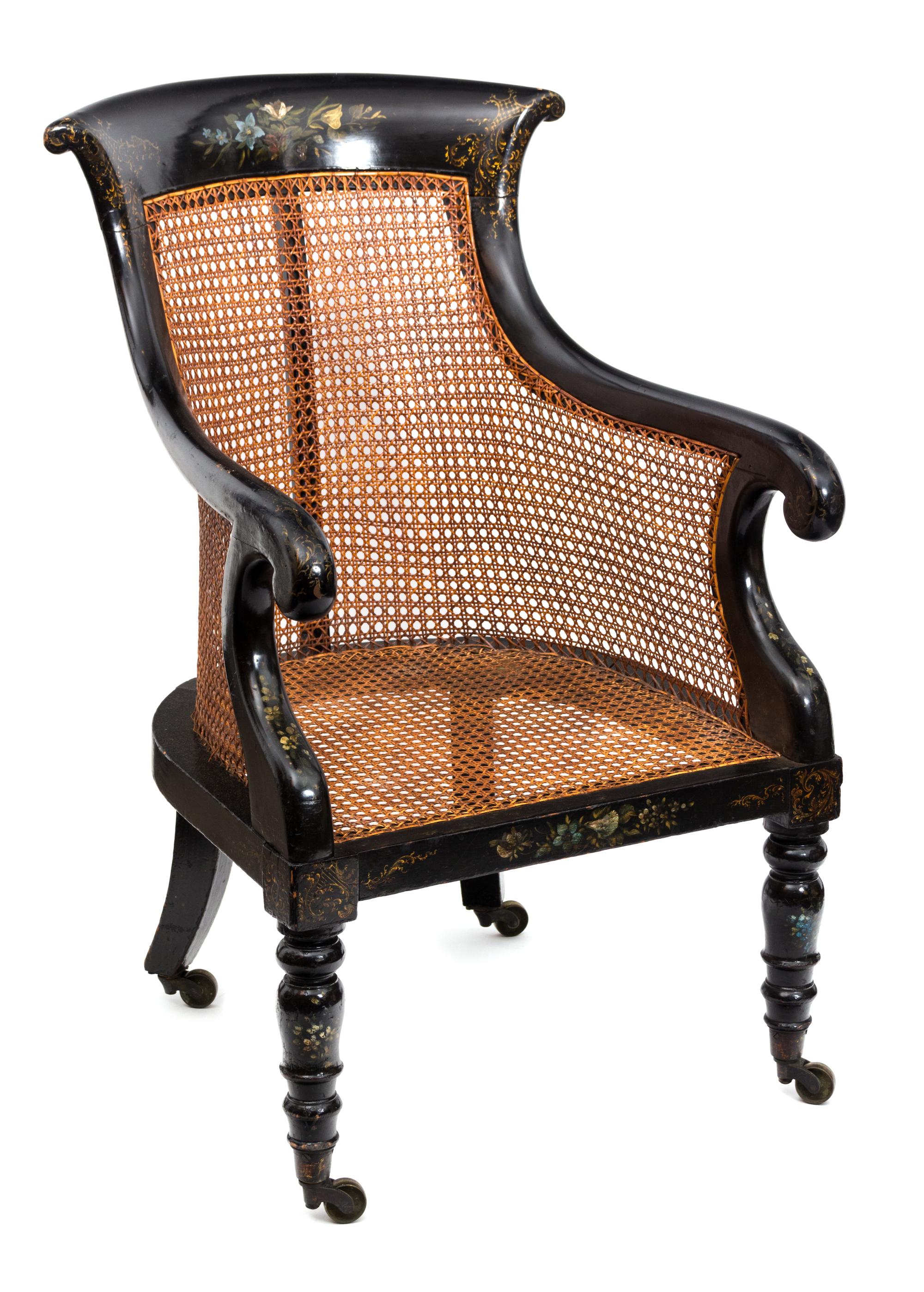 A Late Regency Black and Gilt Japanned Mahogany Library Armchair Height 35 1/2 inches. — 19TH CENTURY