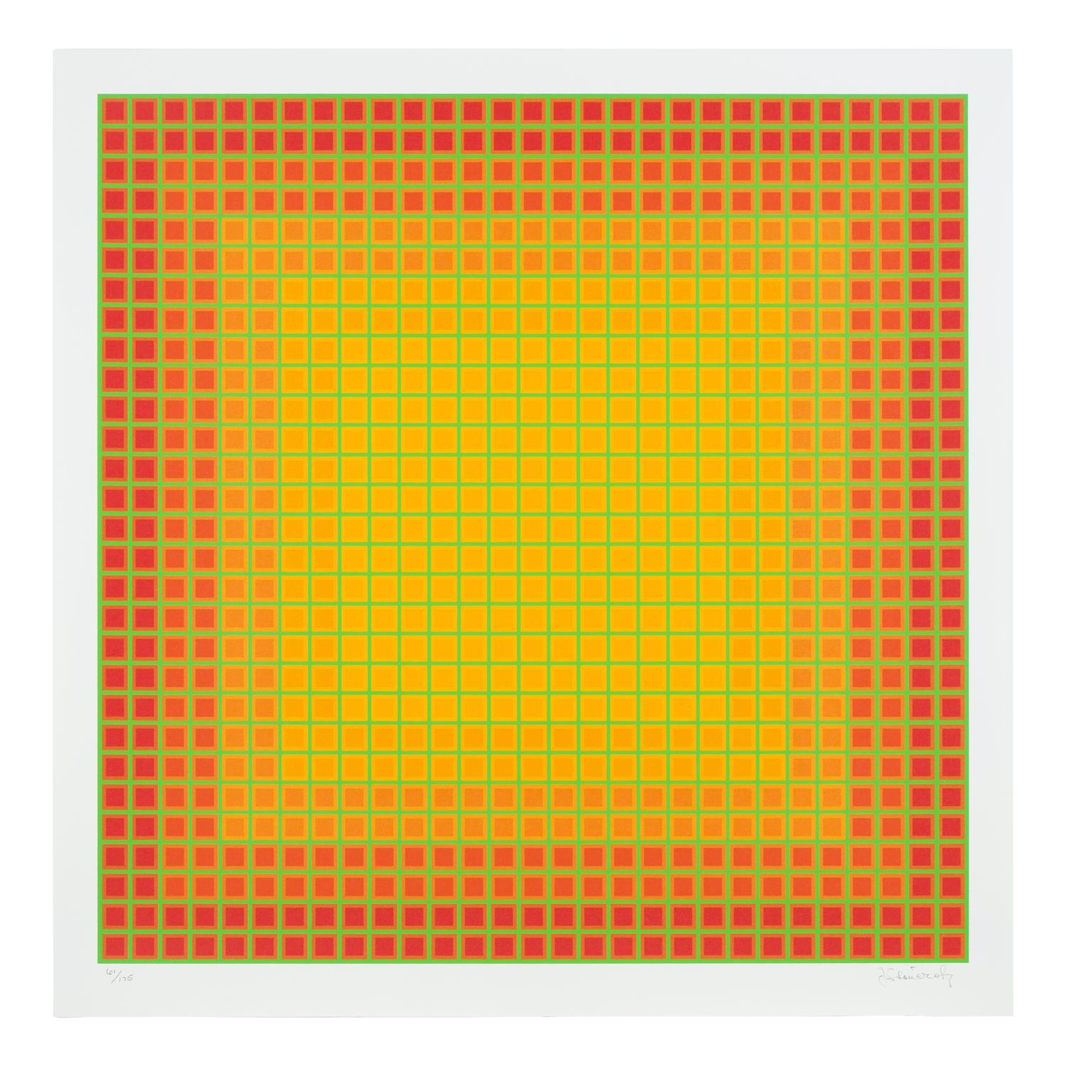 Julian Stanczak (American/Polish, 1928–2017) — A group of three screenprints ( Let it Be Orange; Yellow Filtration; Conferring Blue), 1981