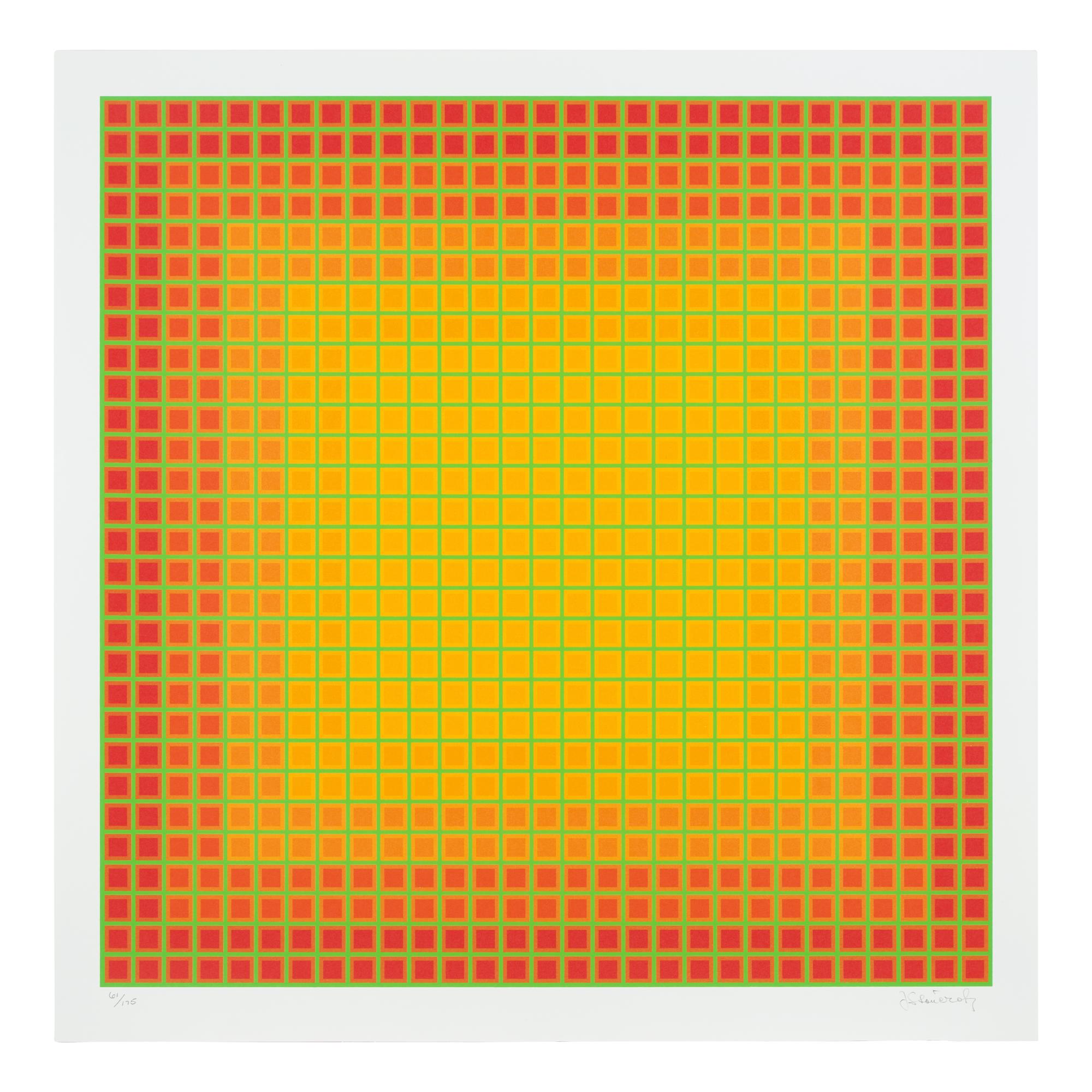 Julian Stanczak (American/Polish, 1928–2017) — A group of three screenprints ( Let it Be Orange; Yellow Filtration; Conferring Blue), 1981