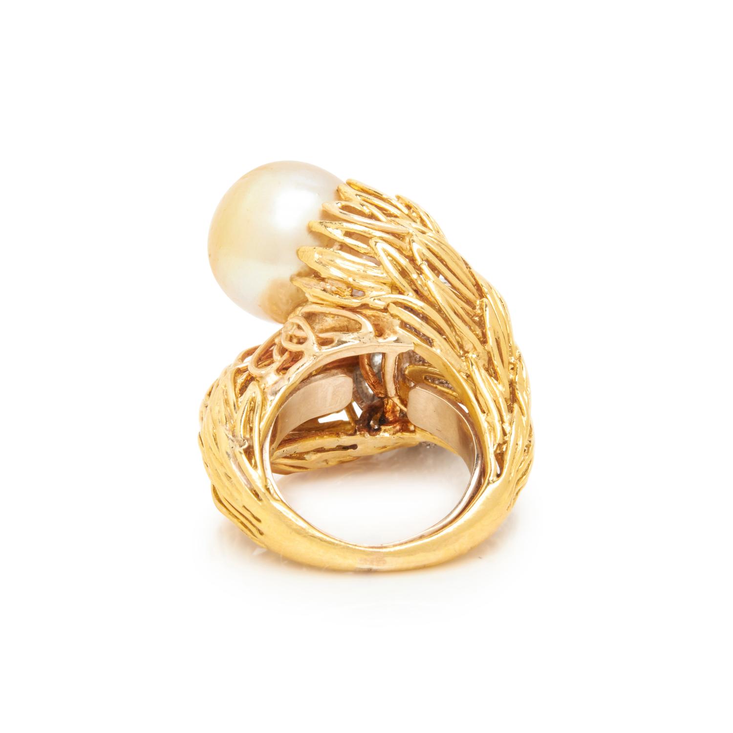 CULTURED PEARL AND DIAMOND BYPASS RING