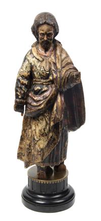 A Continental Carved Wood and Polychrome Decorated Ecclesiastical Figure, Height overall 23 1/2 inches.