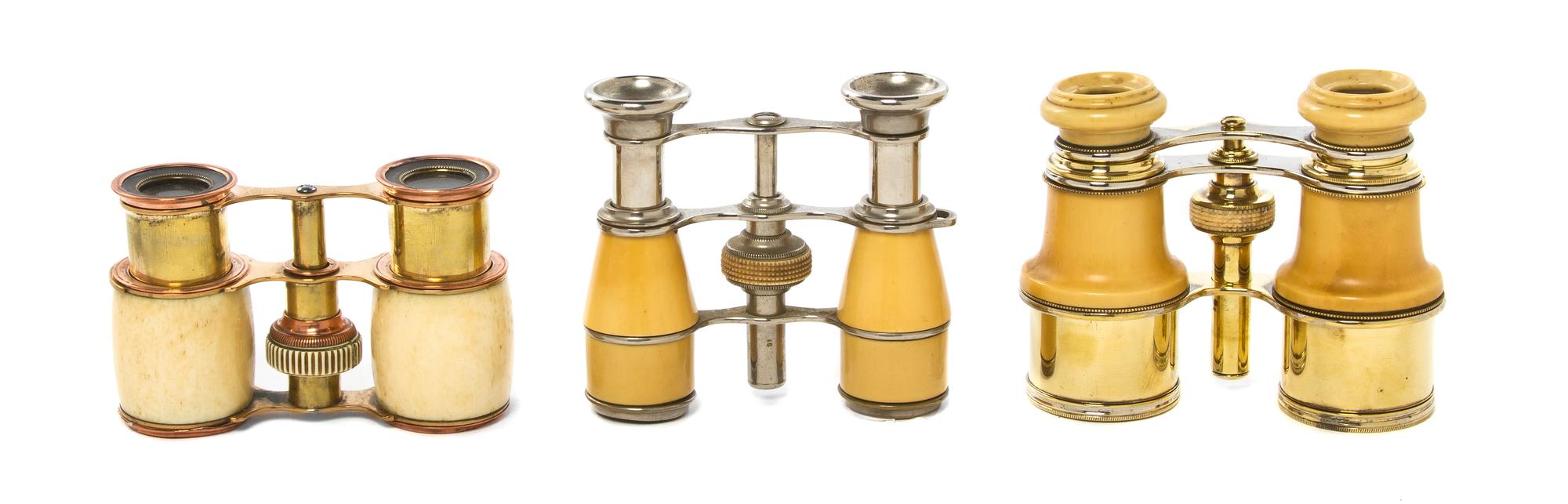 Three Pairs of Continental Opera Glasses, Width of widest 4 inches.