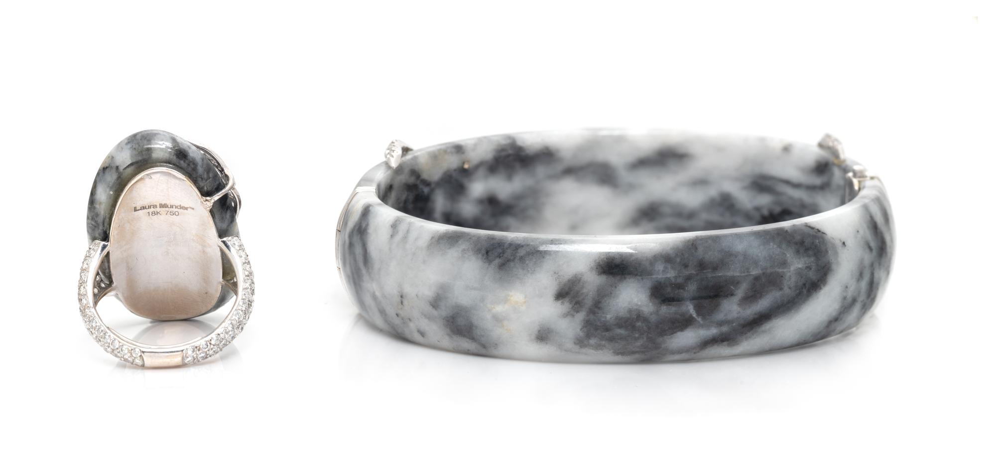 LAURA MUNDER, DIAMOND, BLACK AND WHITE JADE BRACELET AND RING