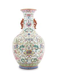 A Famille Rose Porcelain Double Handled Vase