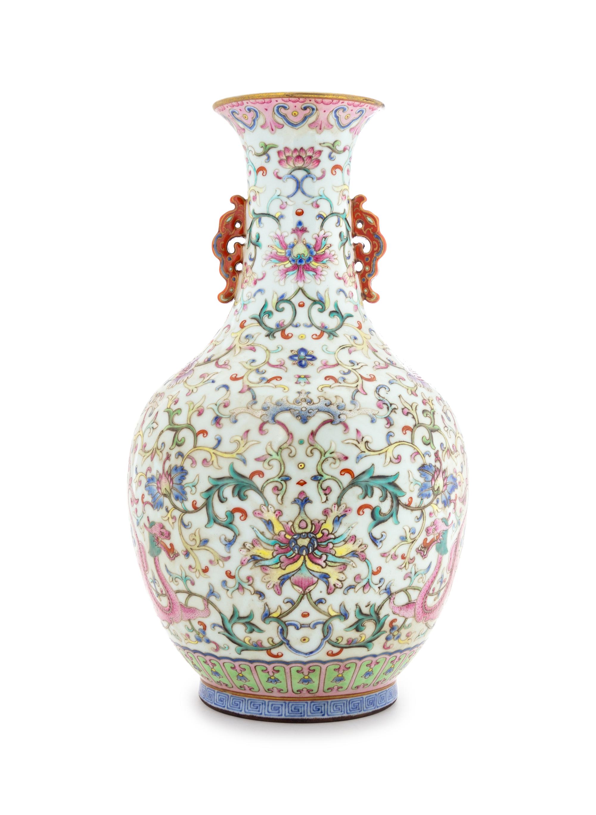 A Famille Rose Porcelain Double Handled Vase