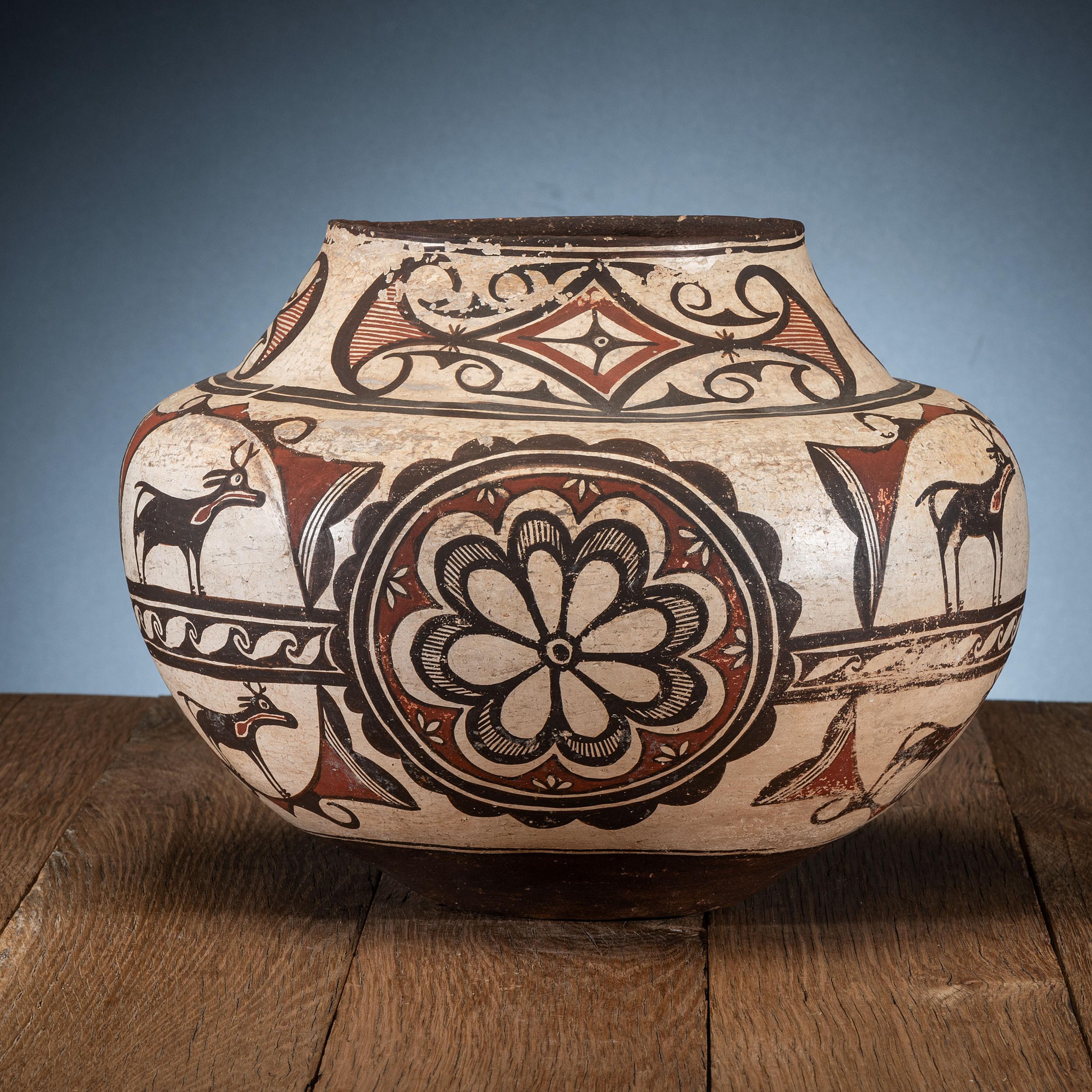 Zuni Polychrome Pottery Olla, with Heartline Deer