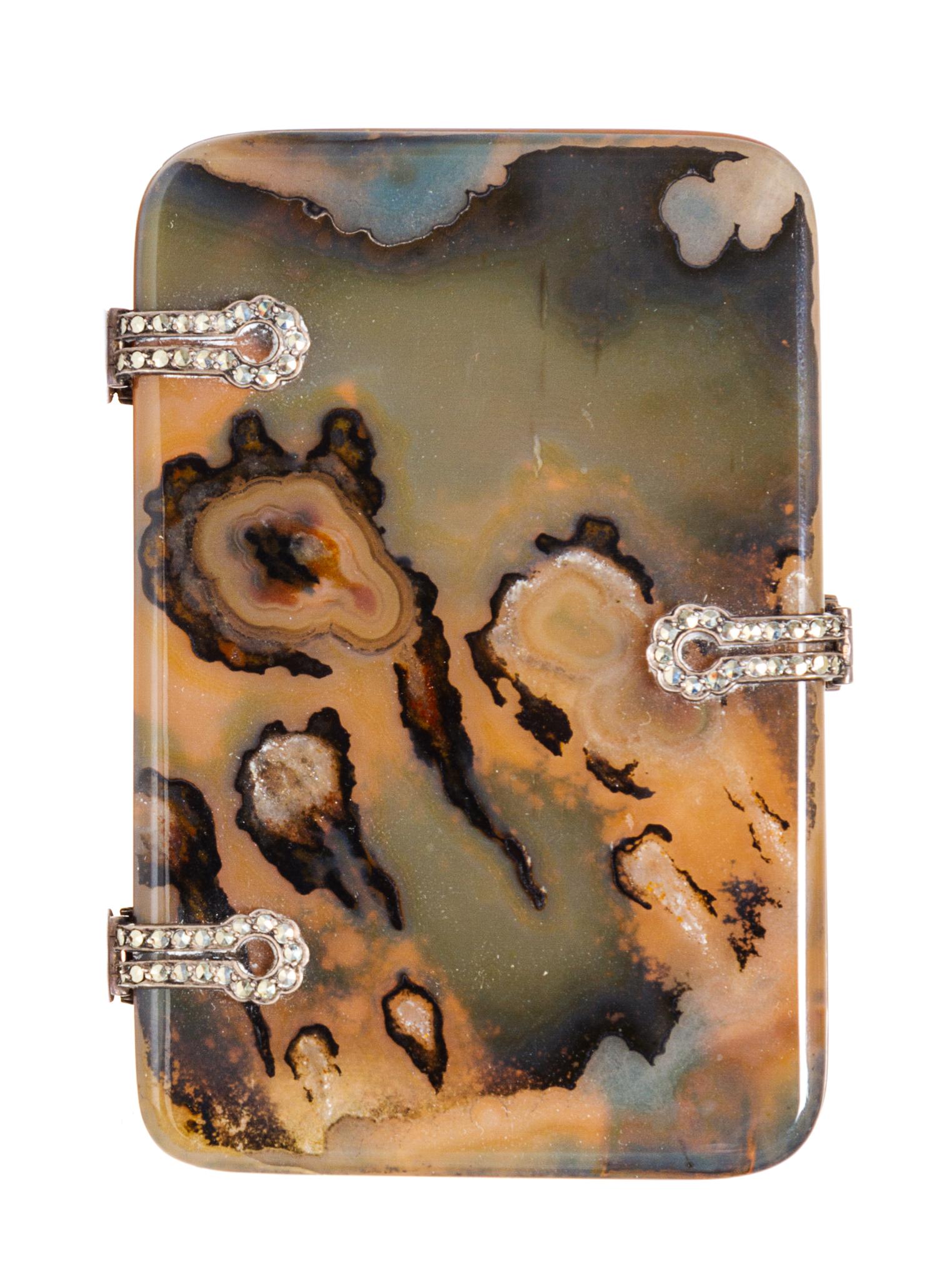 A Russian Marcasite Mounted Hardstone Box, 19th/20th Century, of rectangular form with a jeweled clasp and hinges.