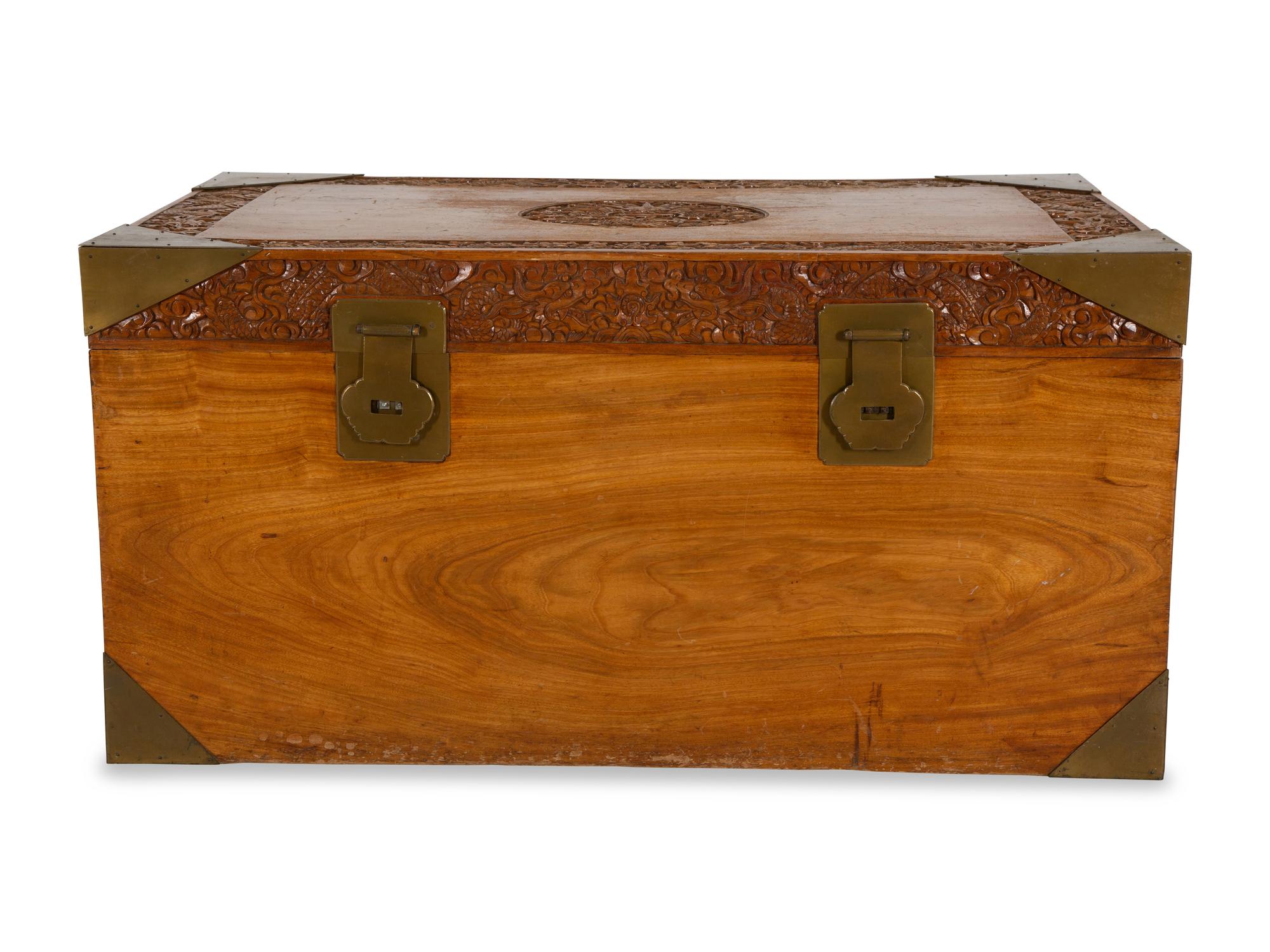 A Korean Brass Mounted Carved Hardwood Blanket Chest