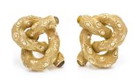 A Pair of 18 Karat Yellow Gold, Citrine and Diamond Pretzel Earclips, Nicholas Varney, 22.20 dwts.