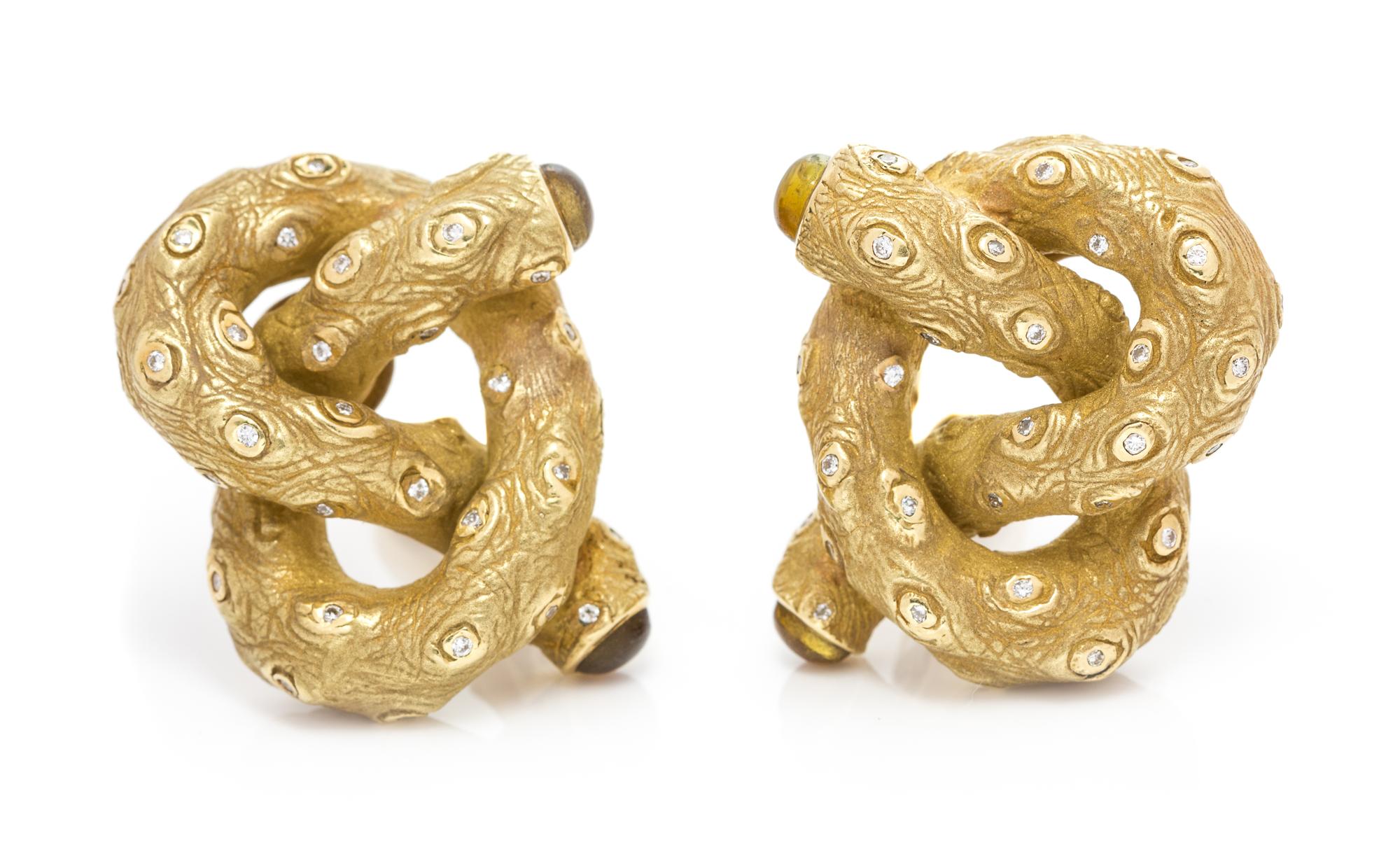 A Pair of 18 Karat Yellow Gold, Citrine and Diamond Pretzel Earclips, Nicholas Varney, 22.20 dwts.