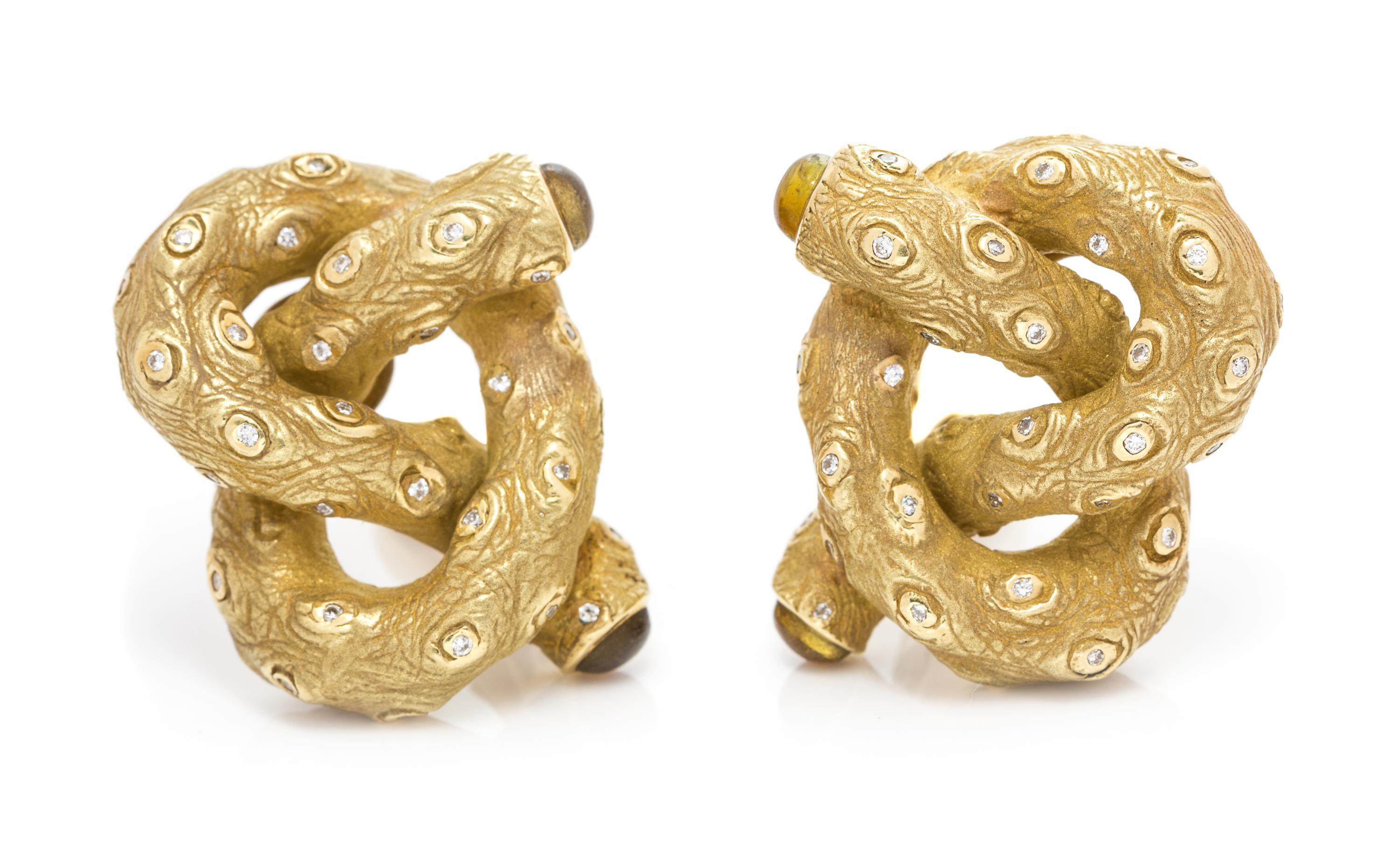 A Pair of 18 Karat Yellow Gold, Citrine and Diamond Pretzel Earclips, Nicholas Varney, 22.20 dwts.