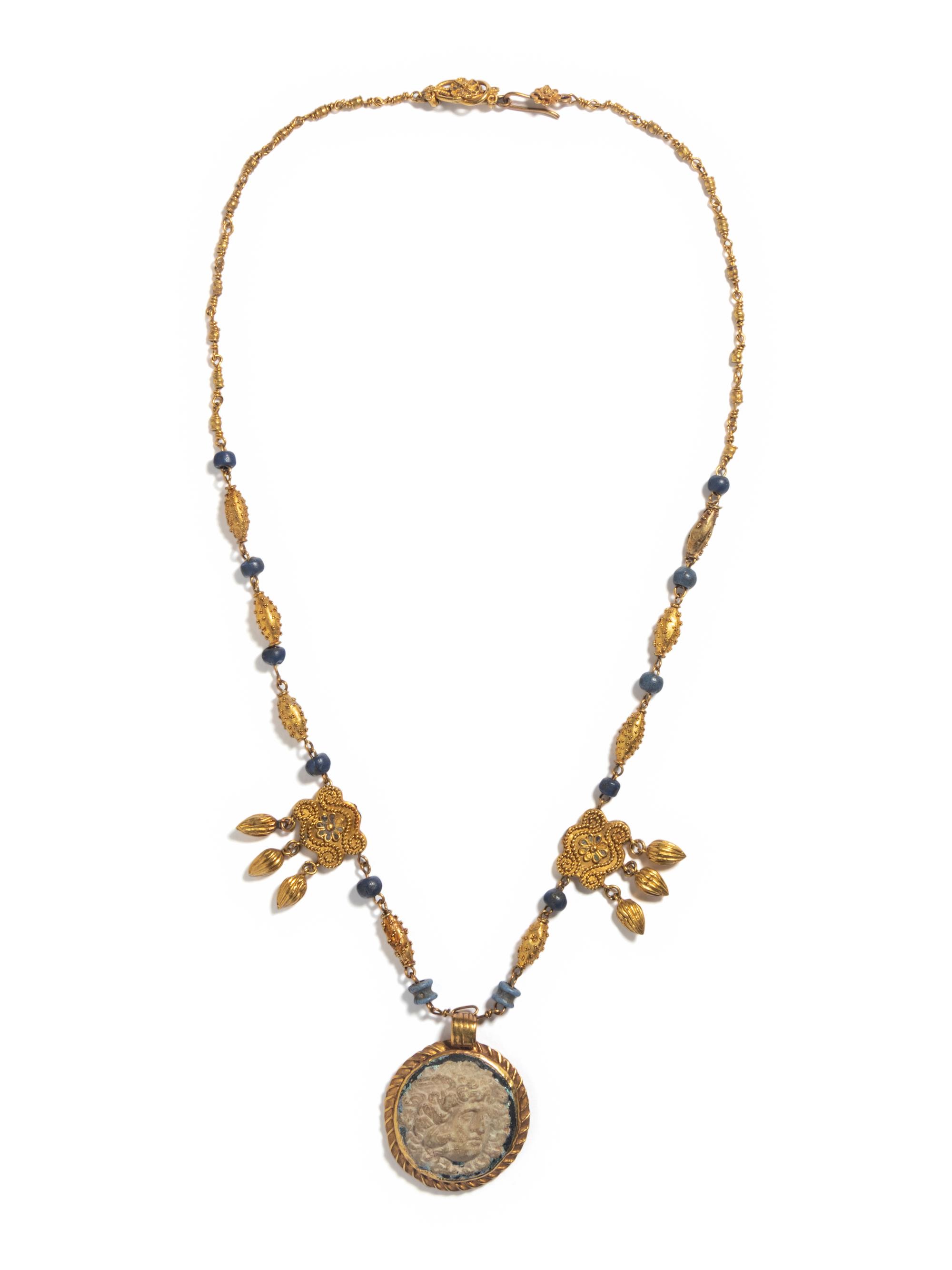 A Roman Gold and Glass Cameo Pendant with a Head of Medusa — Set in an Archaeological Revival Gold Necklace