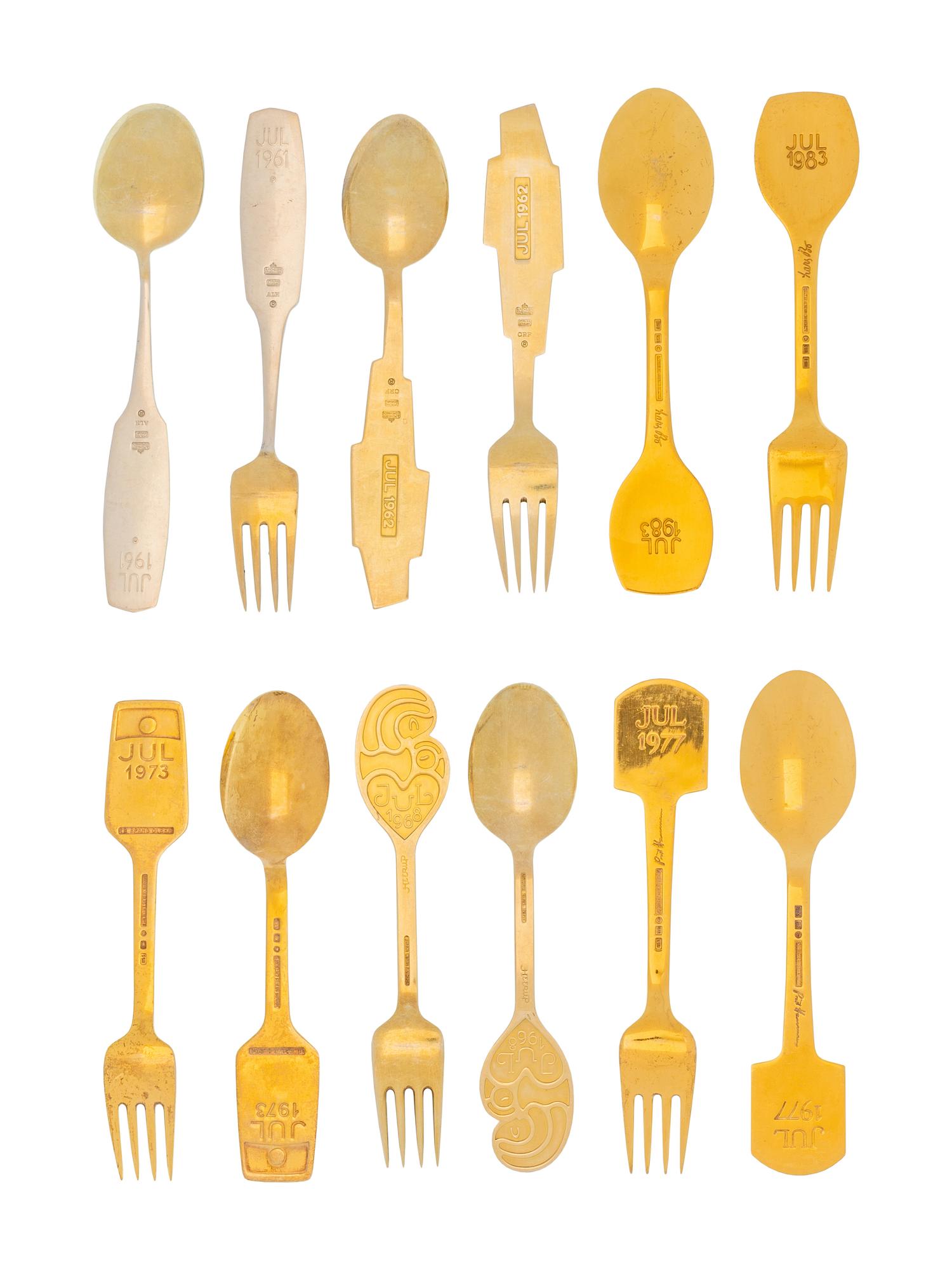 A Collection of Danish Silver-Gilt Christmas Fork and Spoon Sets