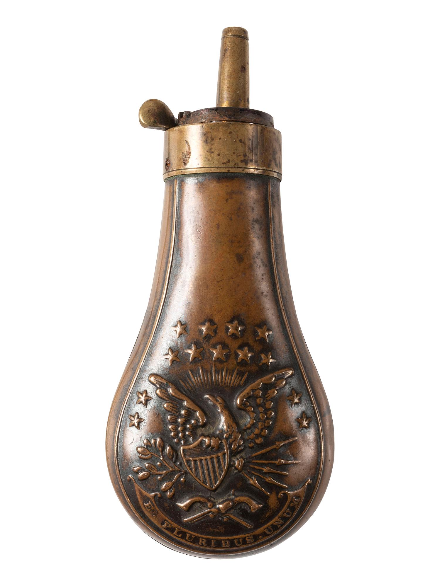 [CIVIL WAR]. Pistol powder flask with patriotic motif.