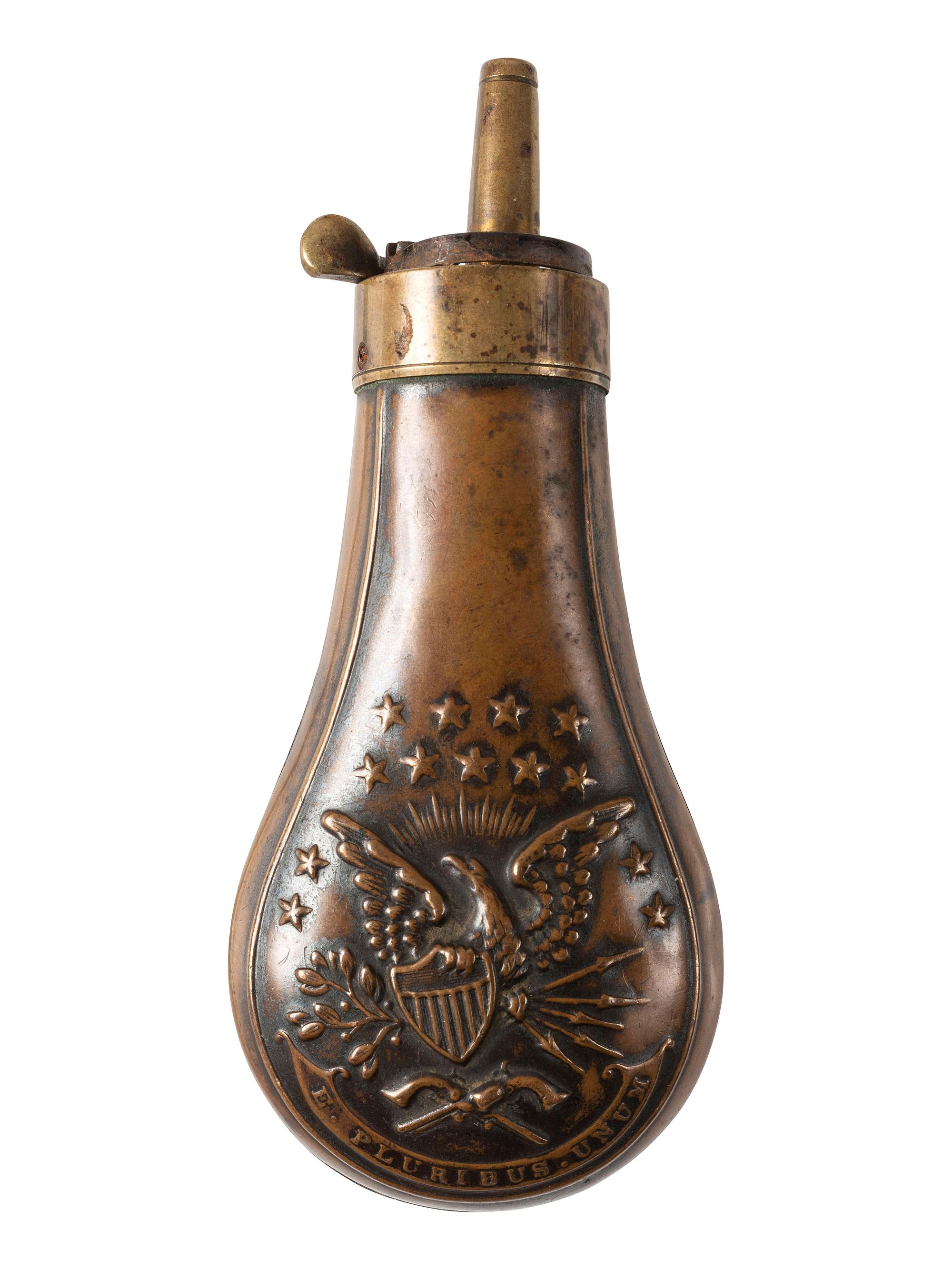 [CIVIL WAR]. Pistol powder flask with patriotic motif.