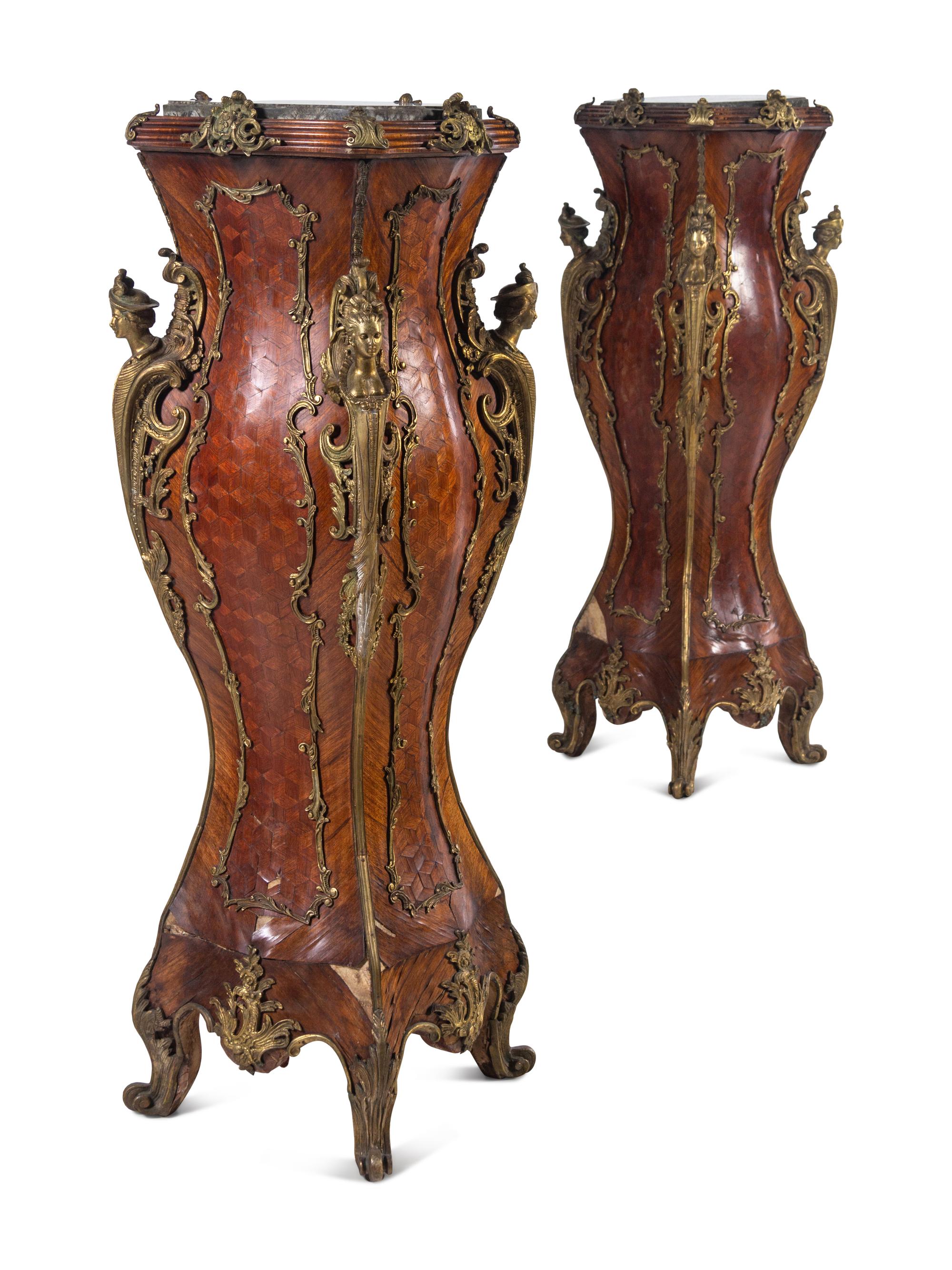 A Pair of Louis XV Style Gilt Bronze Mounted Parquetry Marble-Top Pedestals