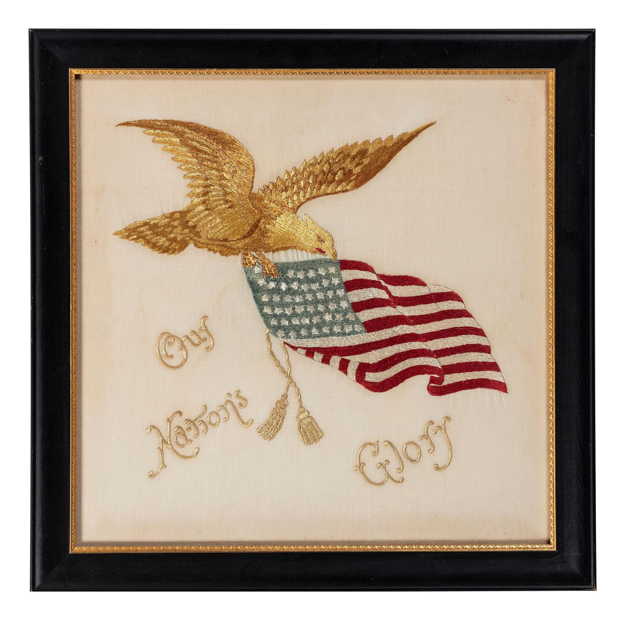 A Japanese Export Metallic Thread Embroidered Flag-and-Eagle Silk Panel