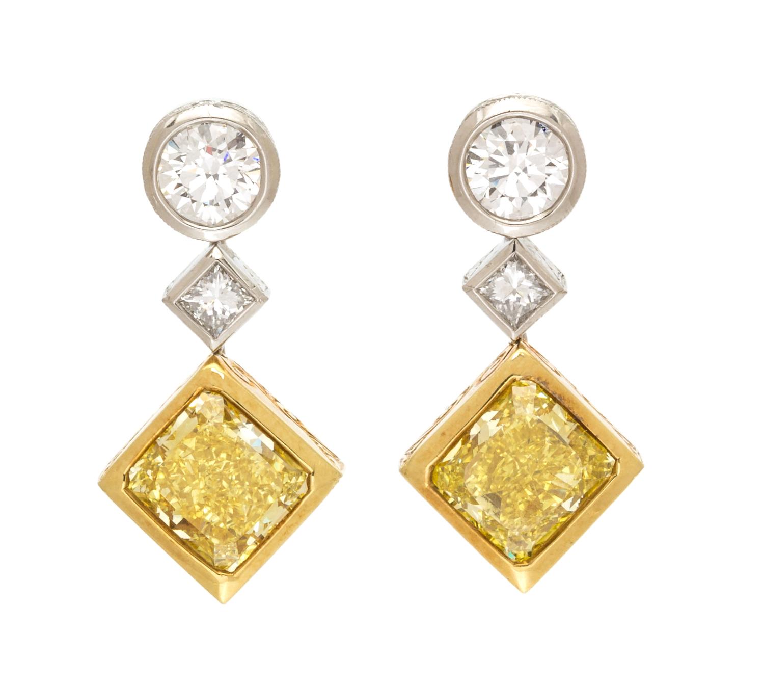A Pair of Platinum, 18 Karat Yellow Gold, Fancy Vivid Yellow and Fancy Intense Yellow Diamond Earrings, Michael Beaudry, 9.00 dwts.