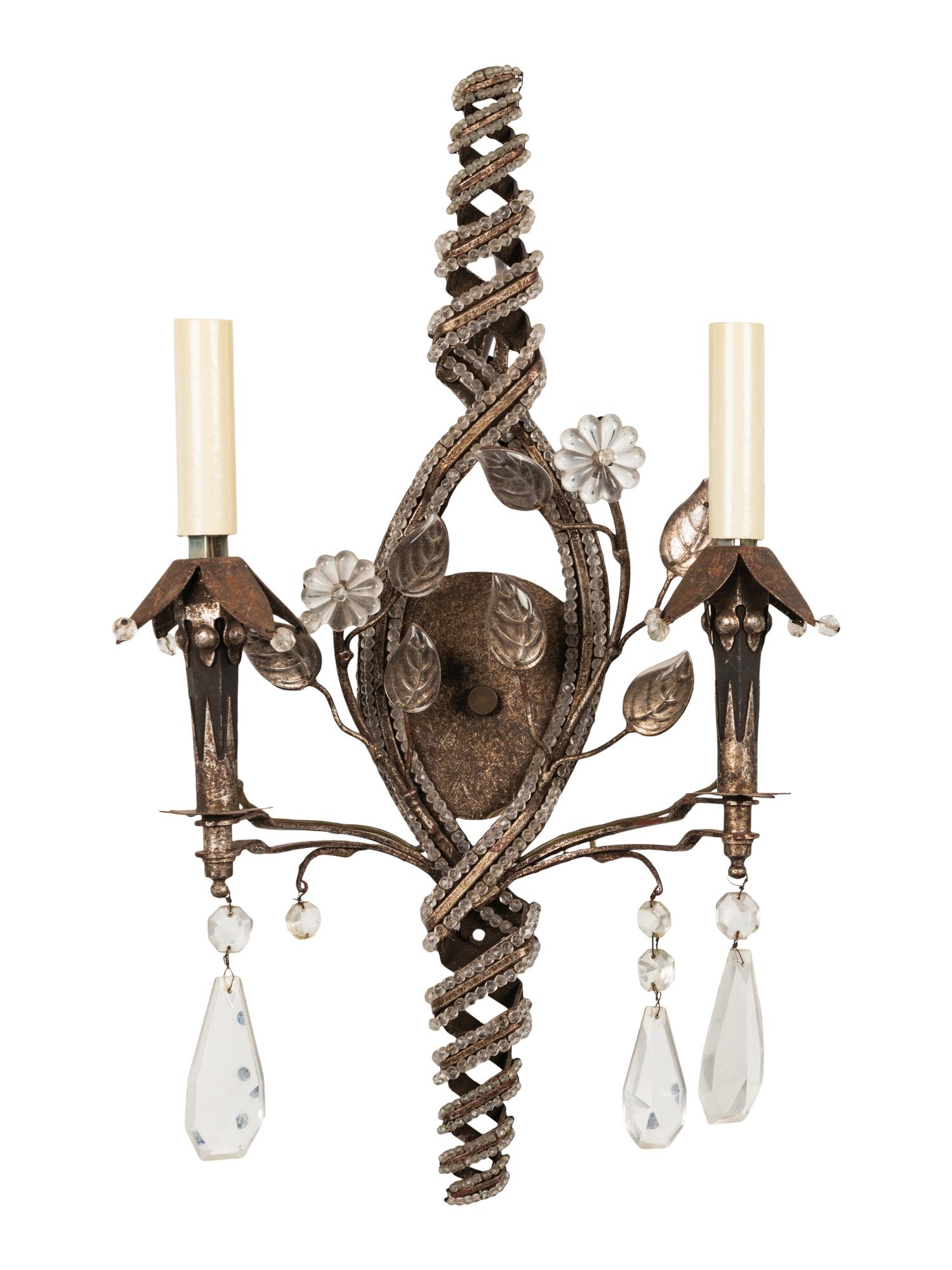 A Pair of Italian Beaded and Cut-Glass Mounted Silvered Metal Two-Light Sconces