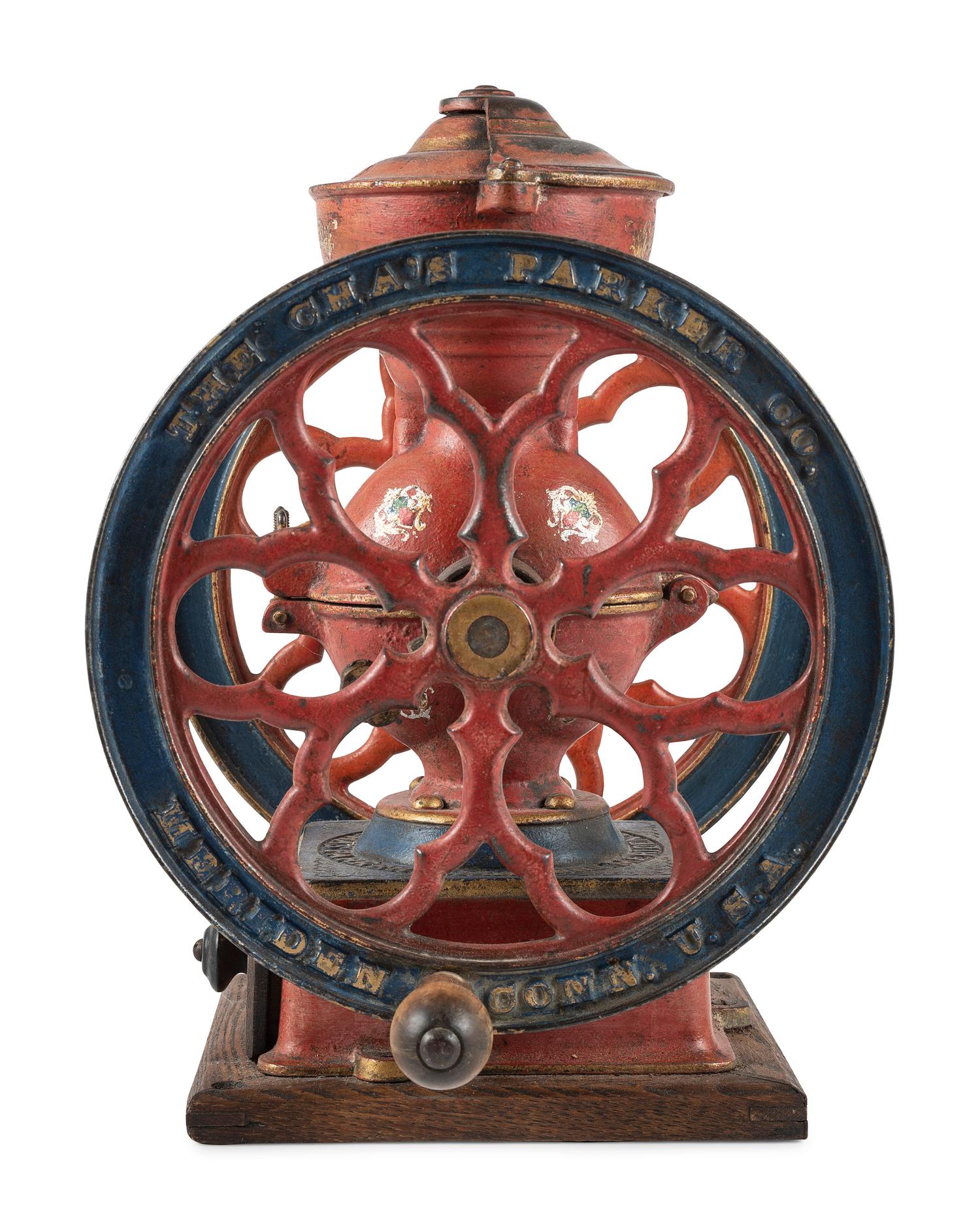 A Charles Parker No. 3000 Painted and Parcel Gilt Double-Wheeled Cast Iron Coffee Mill
