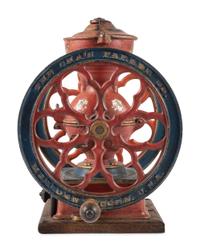 A Charles Parker No. 3000 Painted and Parcel Gilt Double-Wheeled Cast Iron Coffee Mill