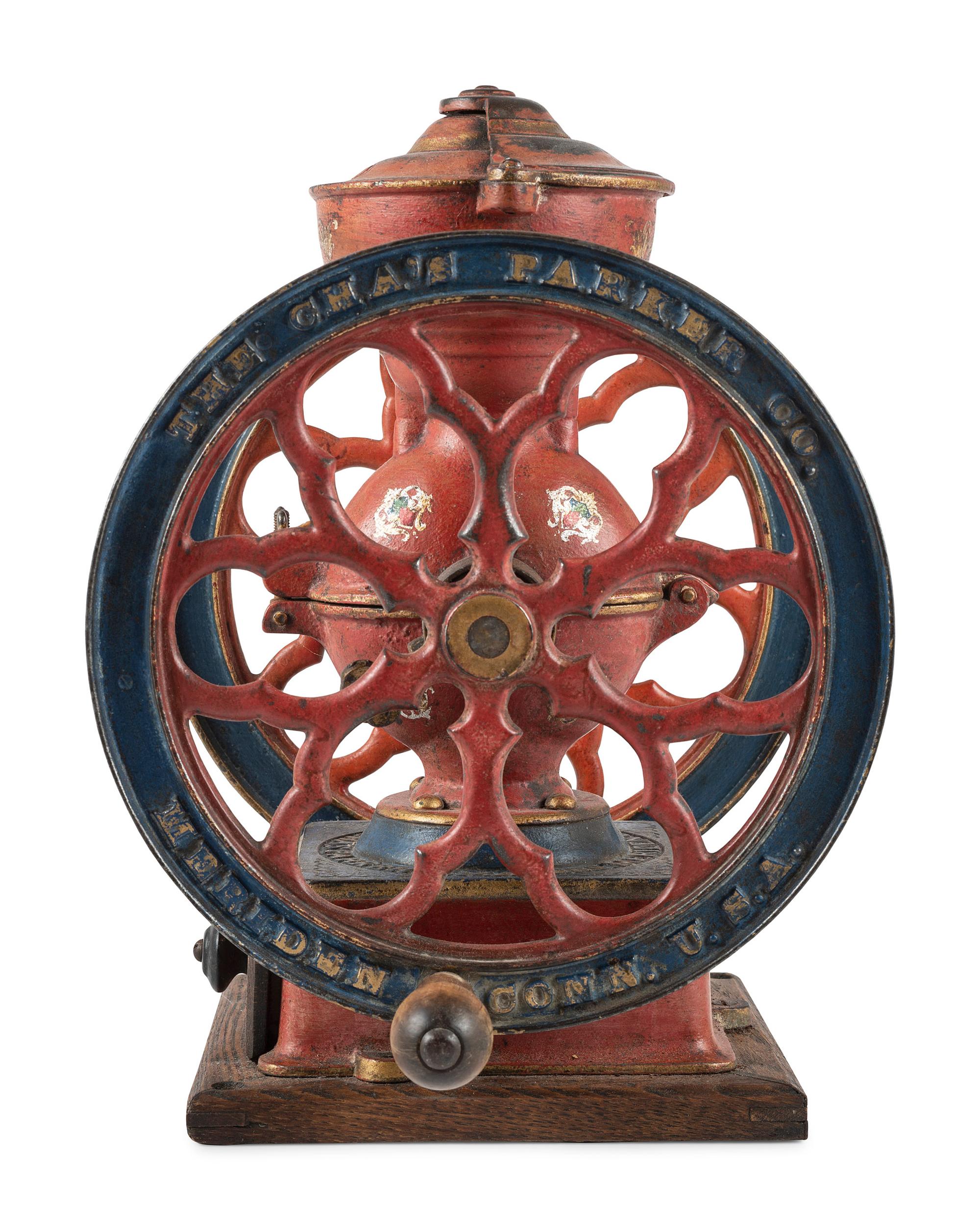 A Charles Parker No. 3000 Painted and Parcel Gilt Double-Wheeled Cast Iron Coffee Mill