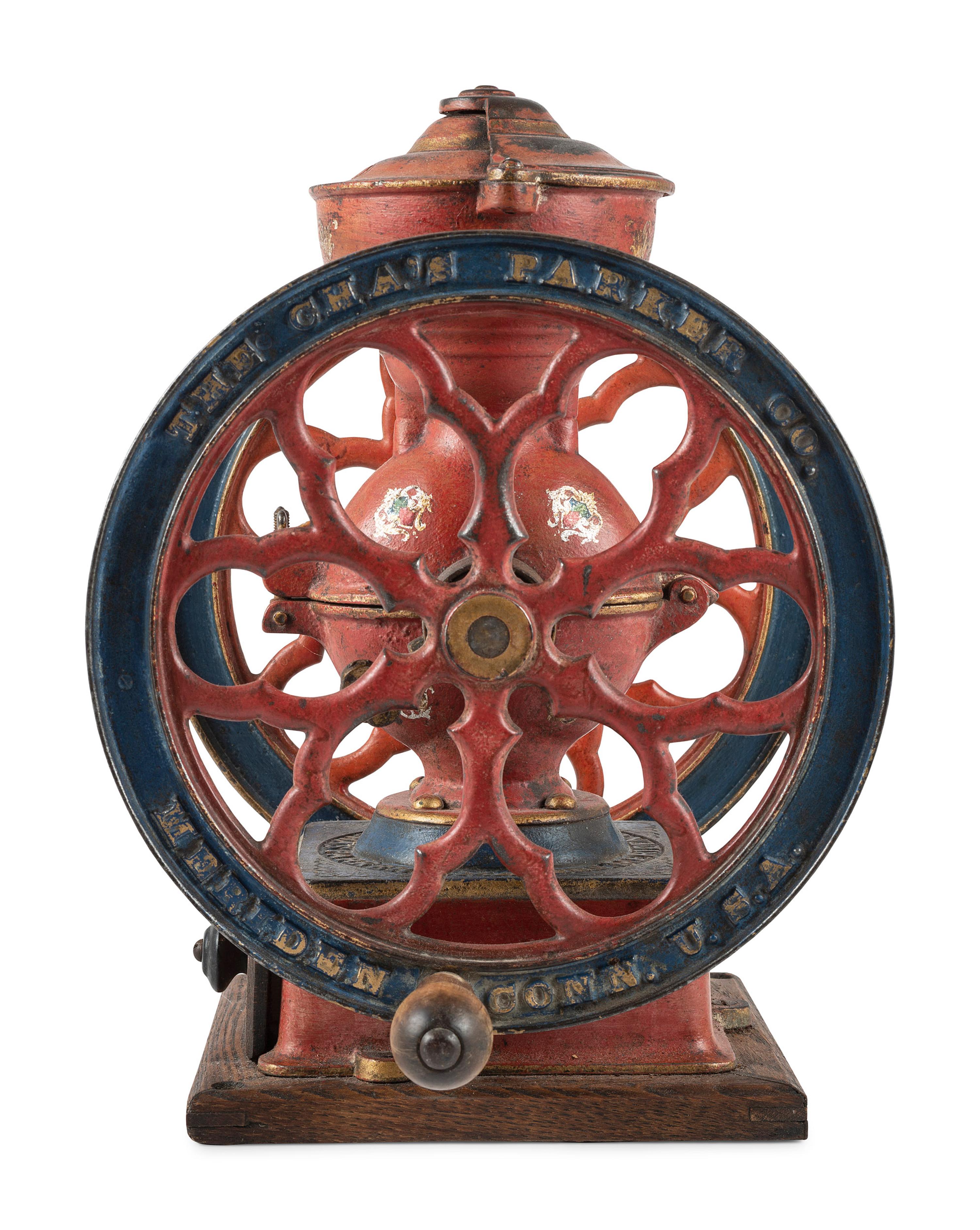 A Charles Parker No. 3000 Painted and Parcel Gilt Double-Wheeled Cast Iron Coffee Mill