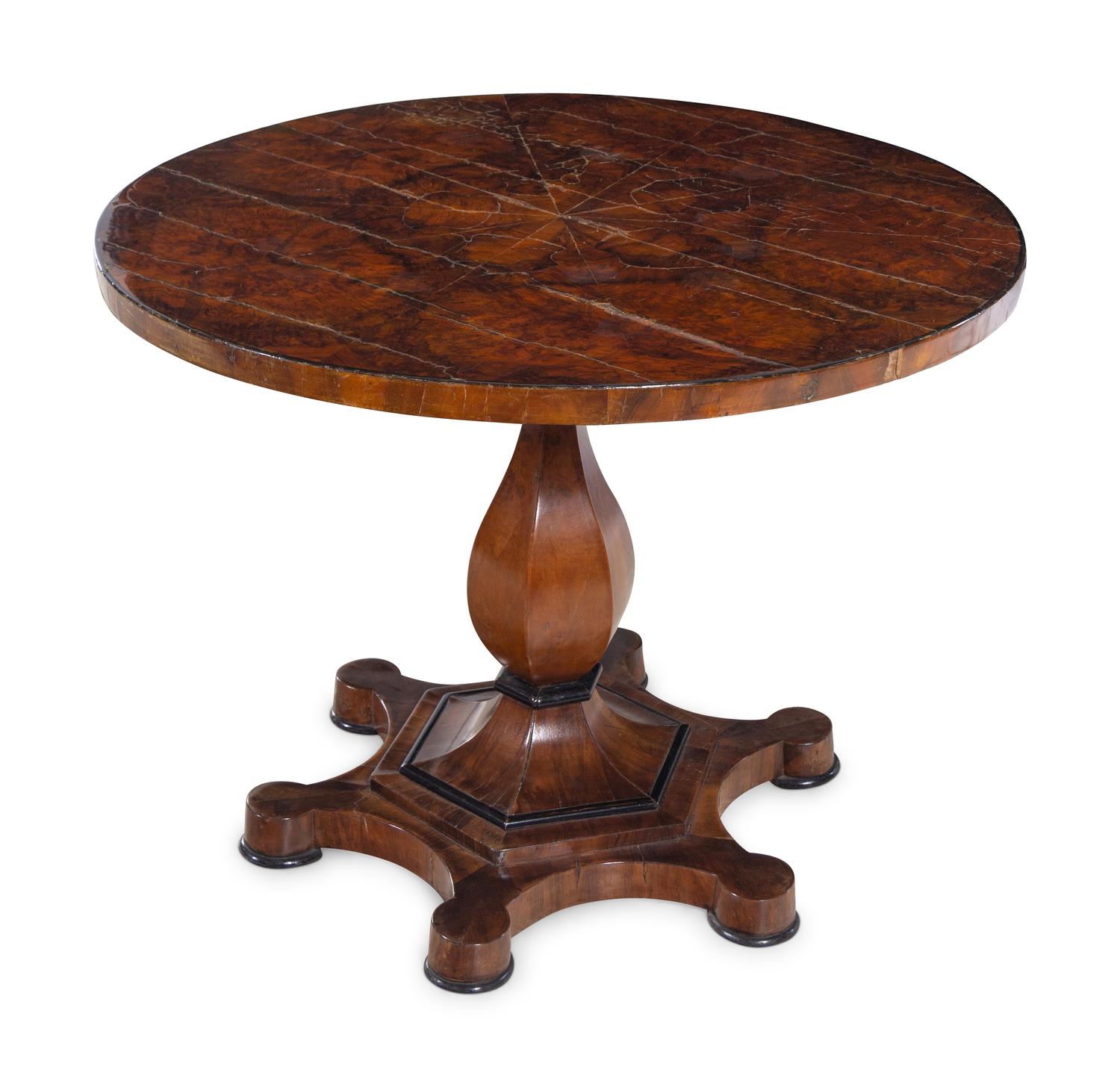 A Biedermeier Parcel Ebonized Burl Walnut Center Table