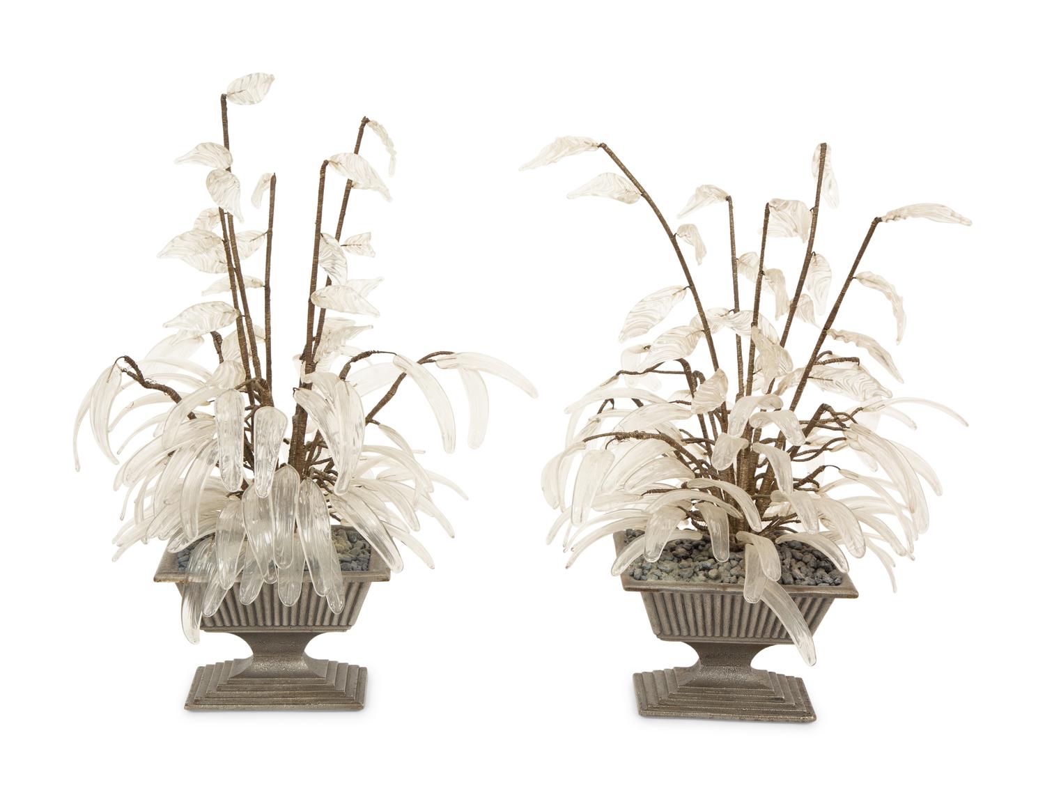 A Pair of Silvered Metal Urns with Glass Foliage