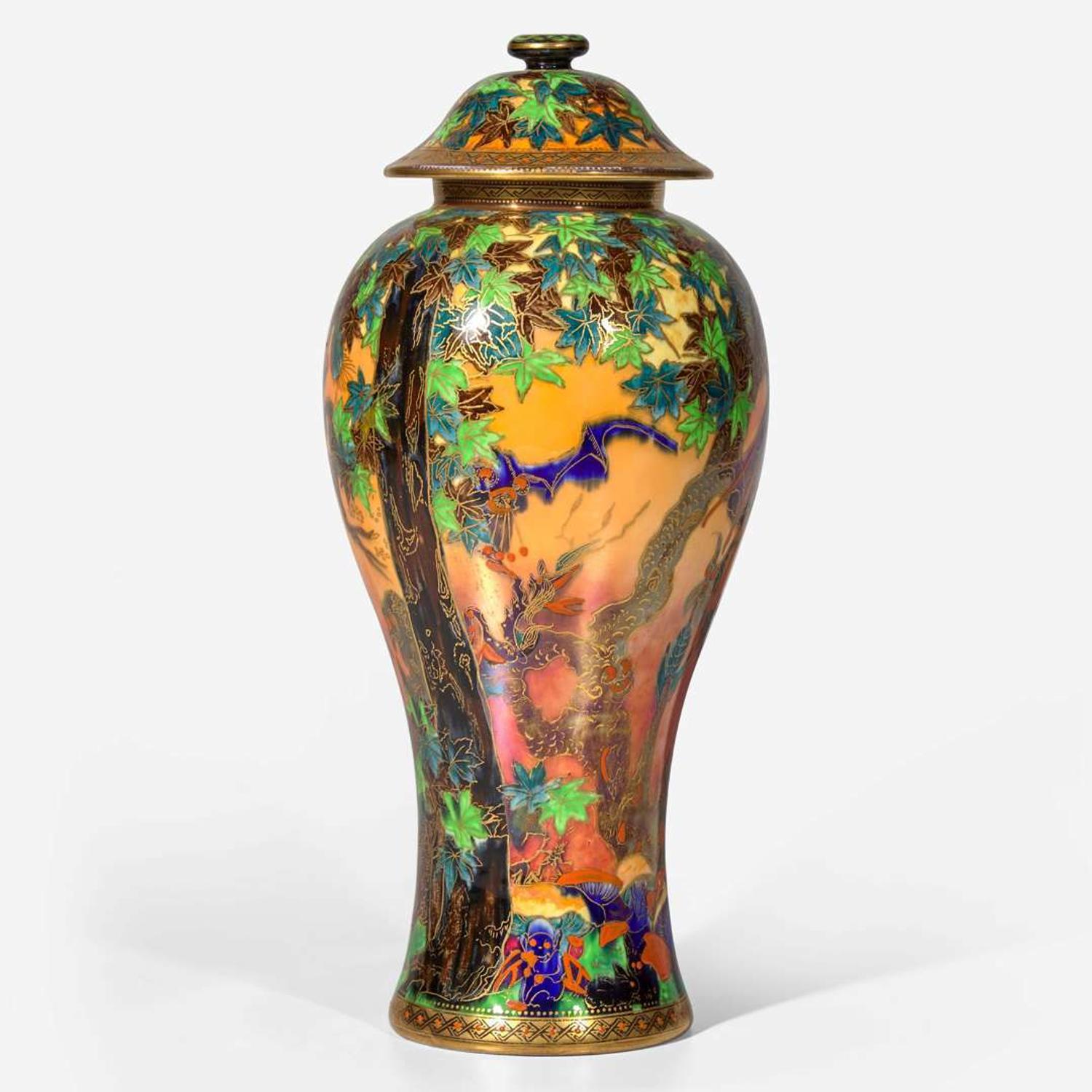A Wedgwood Flame Fairyland Lustre "Ghostly Wood" Vase and Cover UK, circa 1925