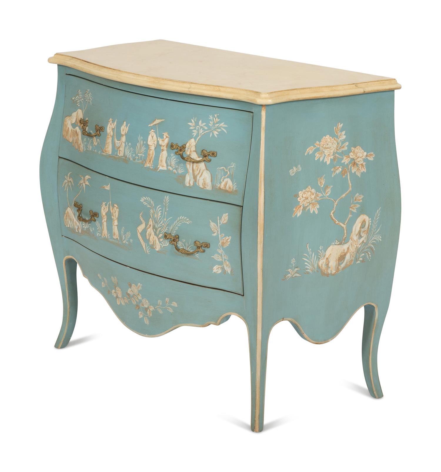 A Louis XV Style Painted Bombe Commode with Chinoiserie Decoration