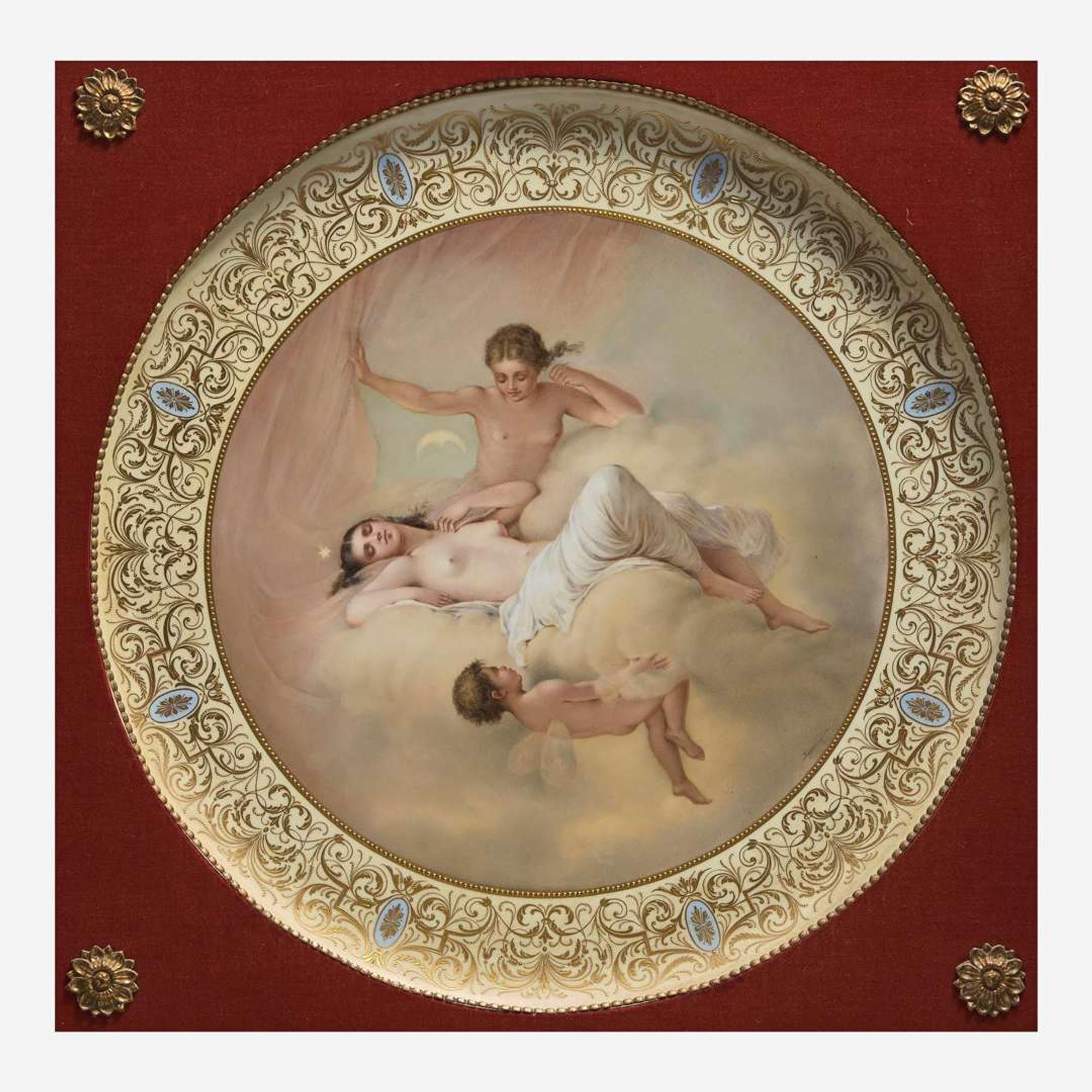 A Royal Vienna style painted porcelain round plaque depicting Luna late 19th / early 20th century