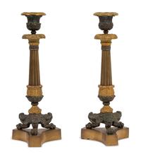 A Pair of Neoclassical Style Gilt and Patinated Bronze Candlesticks