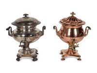 A Copper and Brass Tea Urn and a Silver-Plate Tea Urn