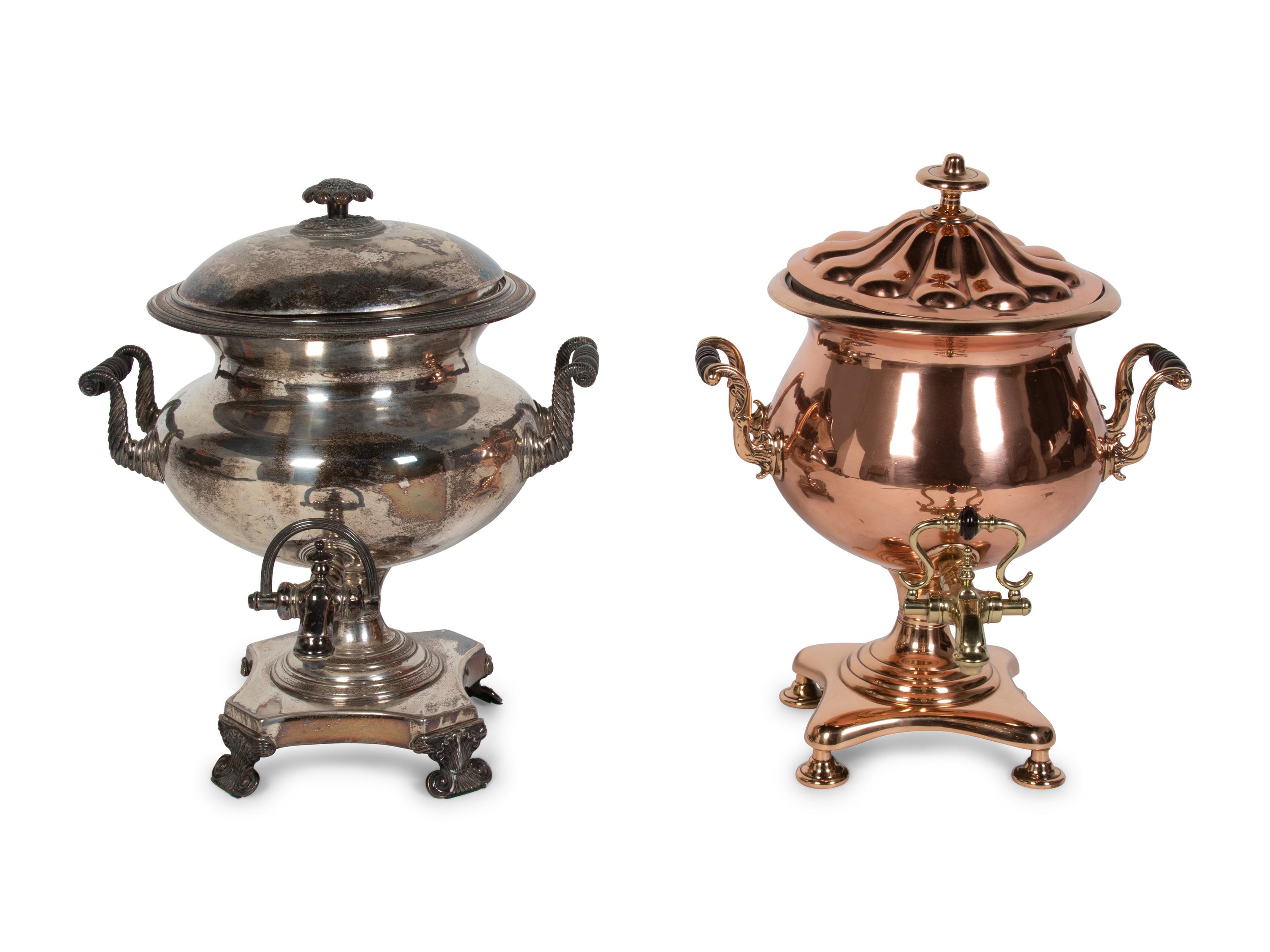 A Copper and Brass Tea Urn and a Silver-Plate Tea Urn