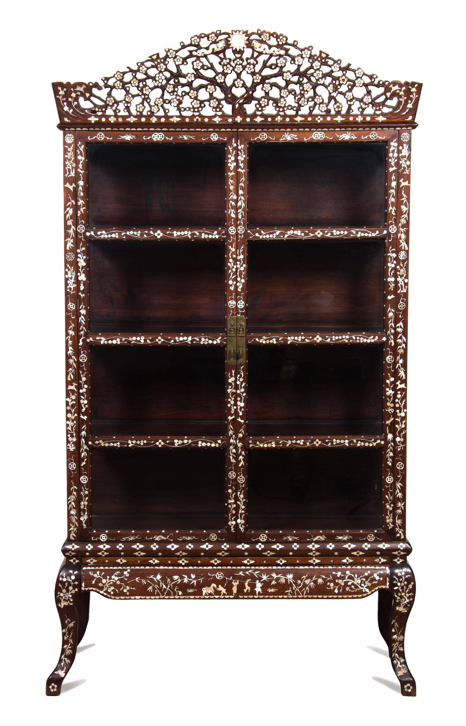 A Chinese Mother-of-Pearl Inlaid Rosewood Vitrine Cabinet Height 80 1/2 x width 44 x depth 16 inches. — LATE 19TH/EARLY 20TH CENTURY