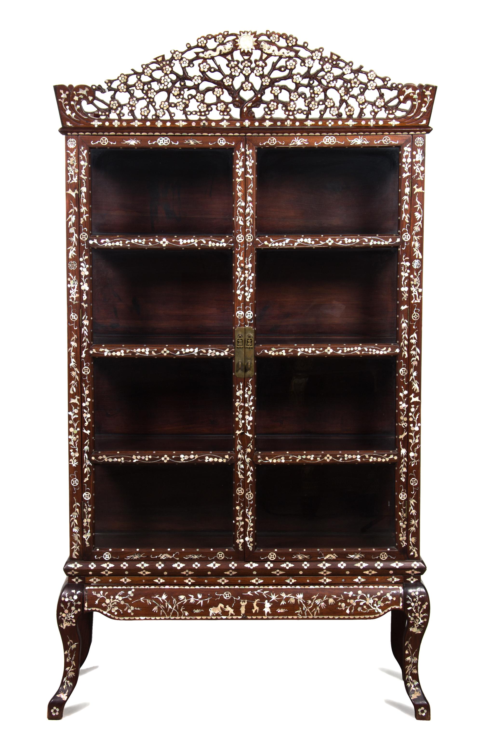 A Chinese Mother-of-Pearl Inlaid Rosewood Vitrine Cabinet Height 80 1/2 x width 44 x depth 16 inches. — LATE 19TH/EARLY 20TH CENTURY