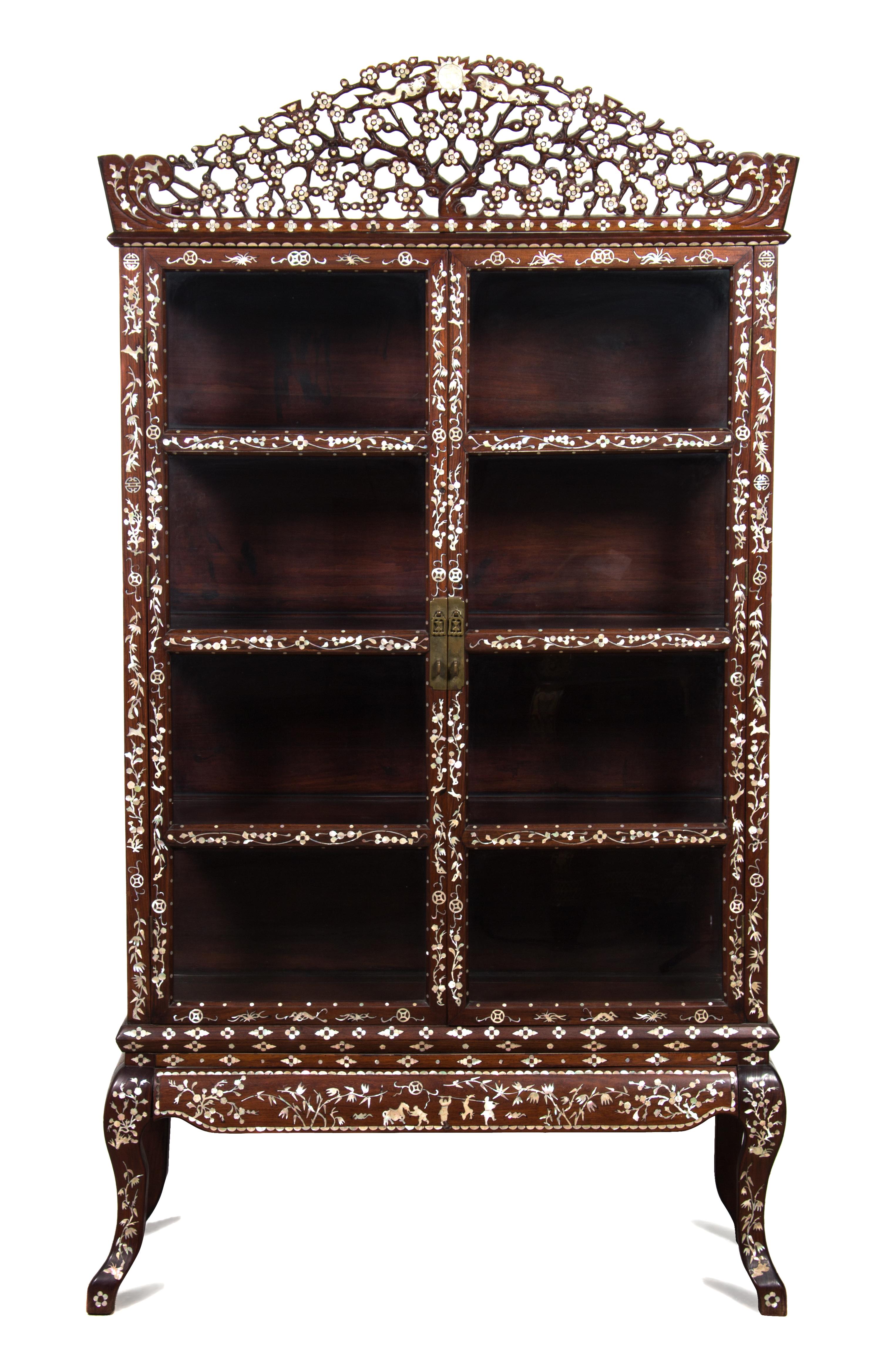 A Chinese Mother-of-Pearl Inlaid Rosewood Vitrine Cabinet Height 80 1/2 x width 44 x depth 16 inches. — LATE 19TH/EARLY 20TH CENTURY