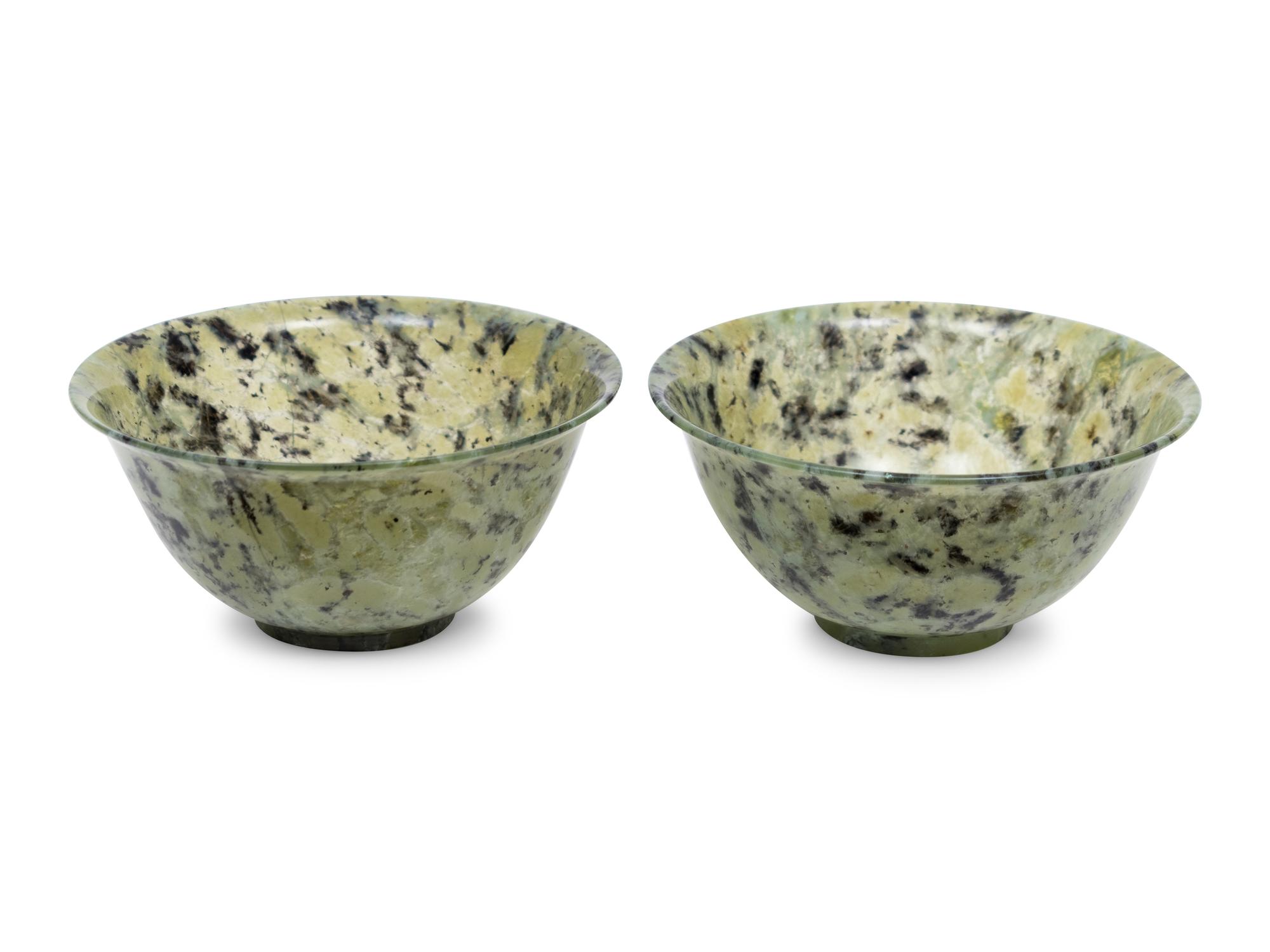 A Pair of Chinese Spinach Jade Bowls — 20TH CENTURY