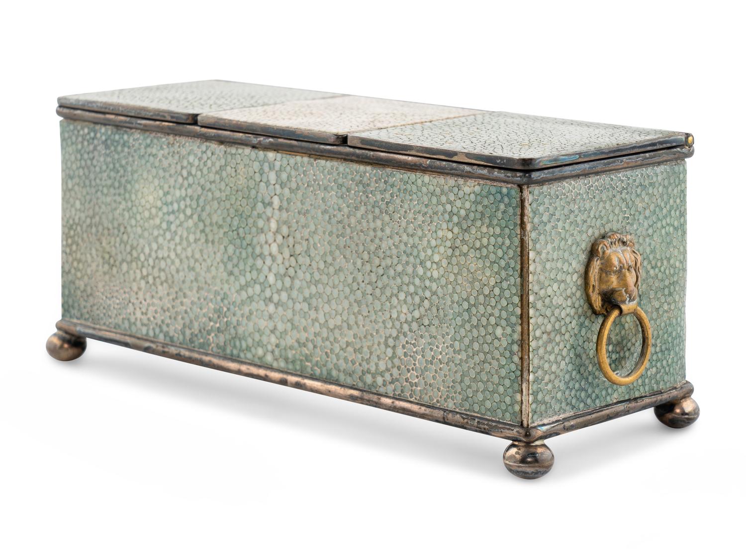 A Regency Silvered Metal and Shagreen Inkwell
