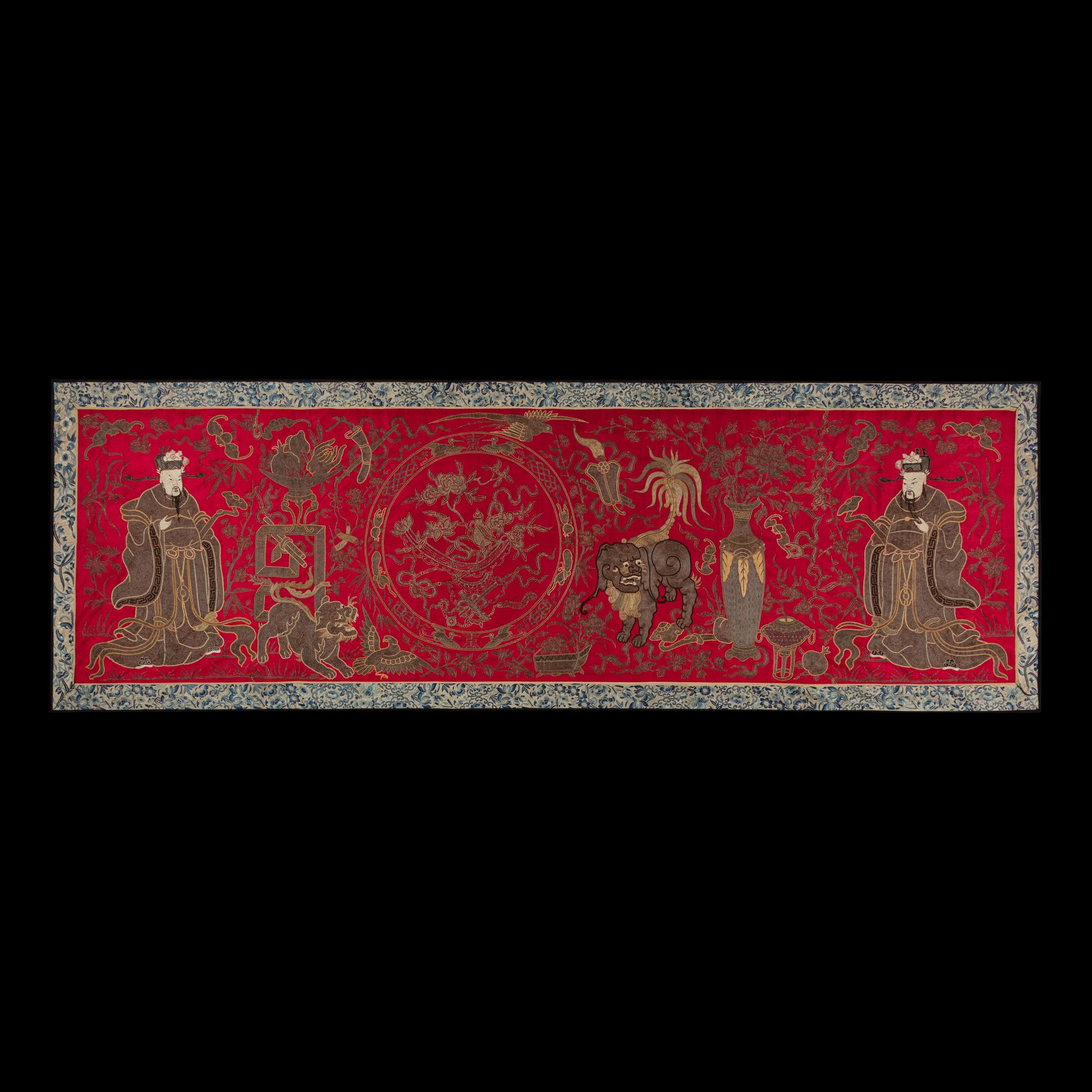 A Chinese Red Ground Embroidered Silk 'Immortals' Panel, Late 19th-Early 20th Century — 清晚期 紅地綉八仙圖