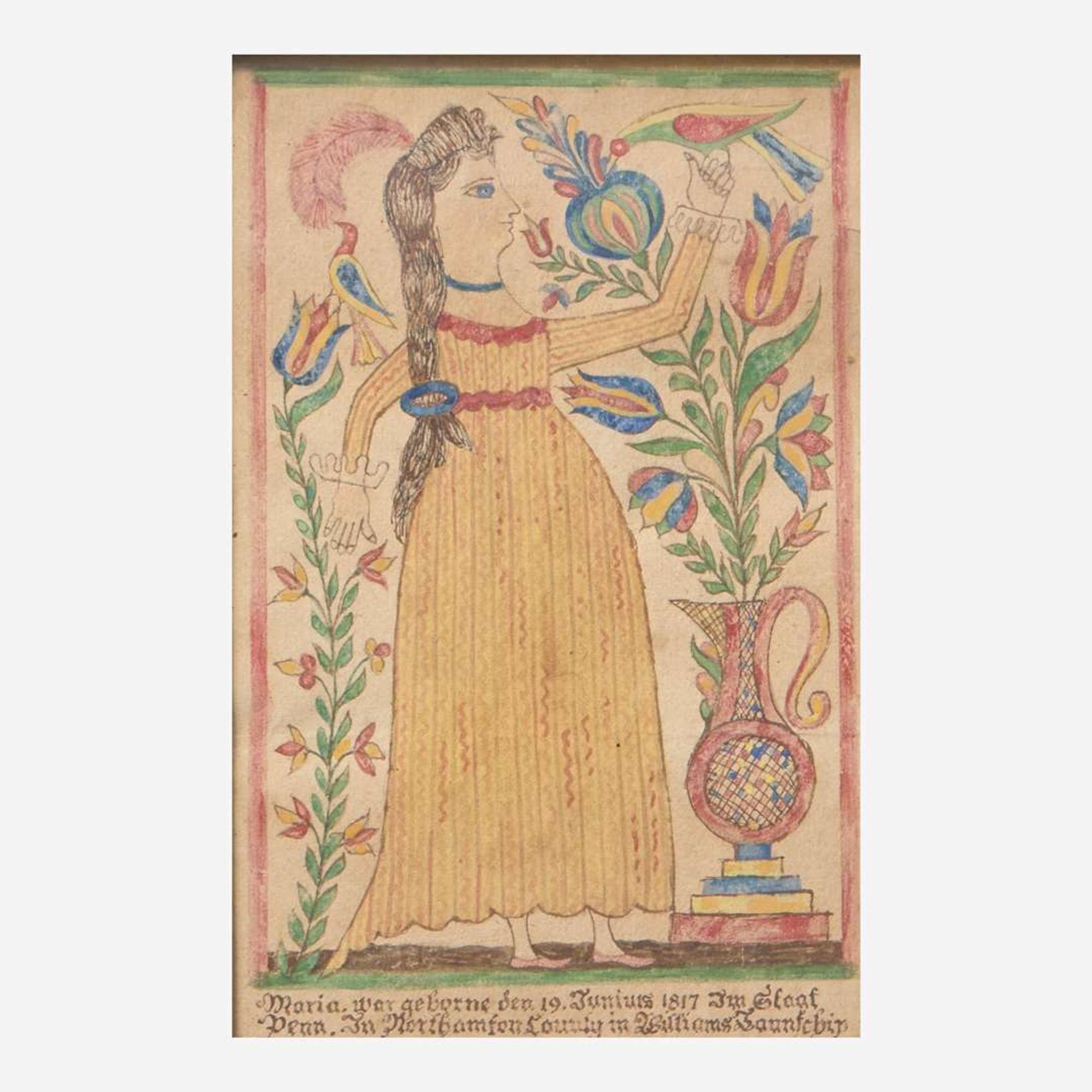 A Fraktur drawing: Girl with a Bird Williams Township, Northampton County, PA, circa 1820