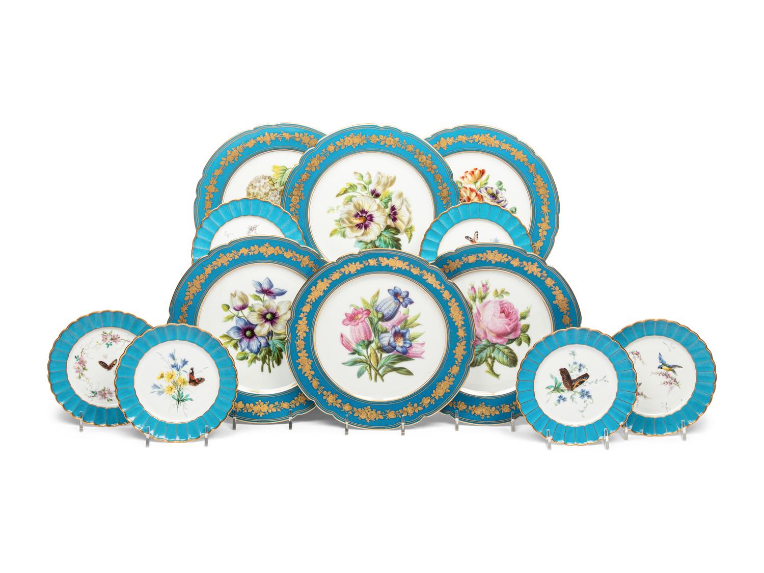 A Set of Six French Porcelain Botanical Dessert Plates and Six French Porcelain Bread Plates