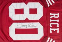 A Jerry Rice Signed Autograph San Francisco 49ers Jersey Presentation With Game Used Gloves (Topps Certificate of Authenticity),