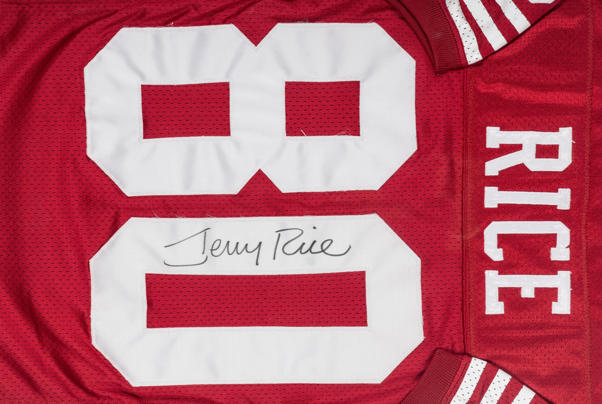 A Jerry Rice Signed Autograph San Francisco 49ers Jersey Presentation With Game Used Gloves (Topps Certificate of Authenticity),