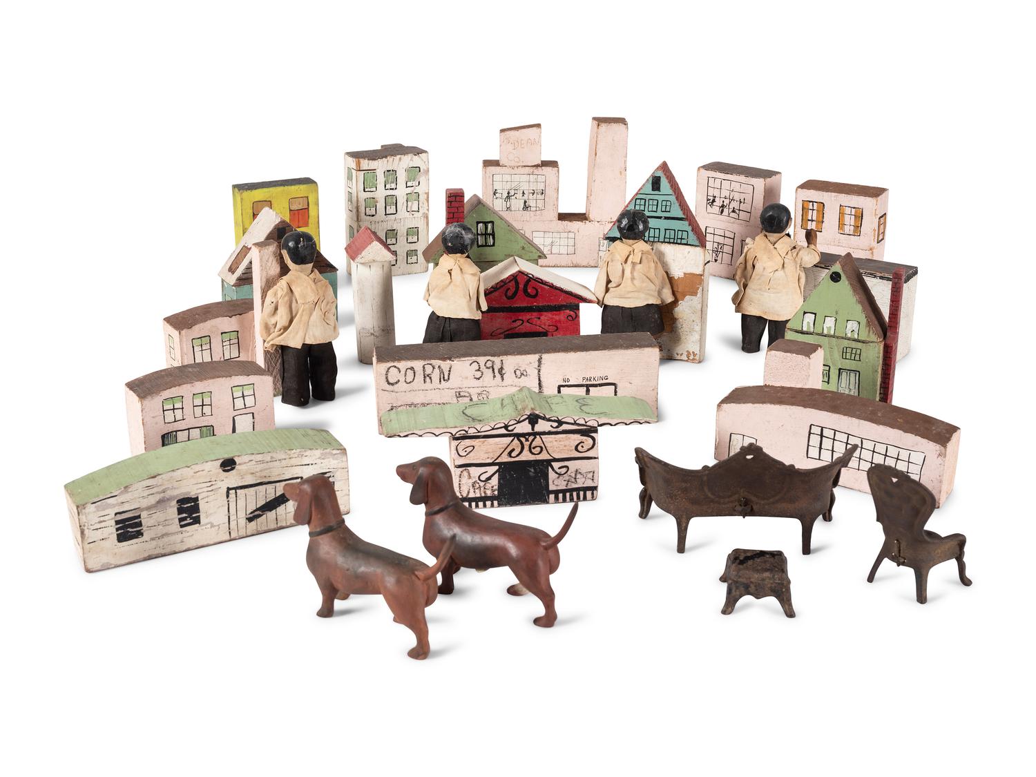 An Assembled Group of Painted Town Block Buildings, Figures and Toy Furniture
