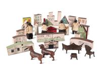 An Assembled Group of Painted Town Block Buildings, Figures and Toy Furniture