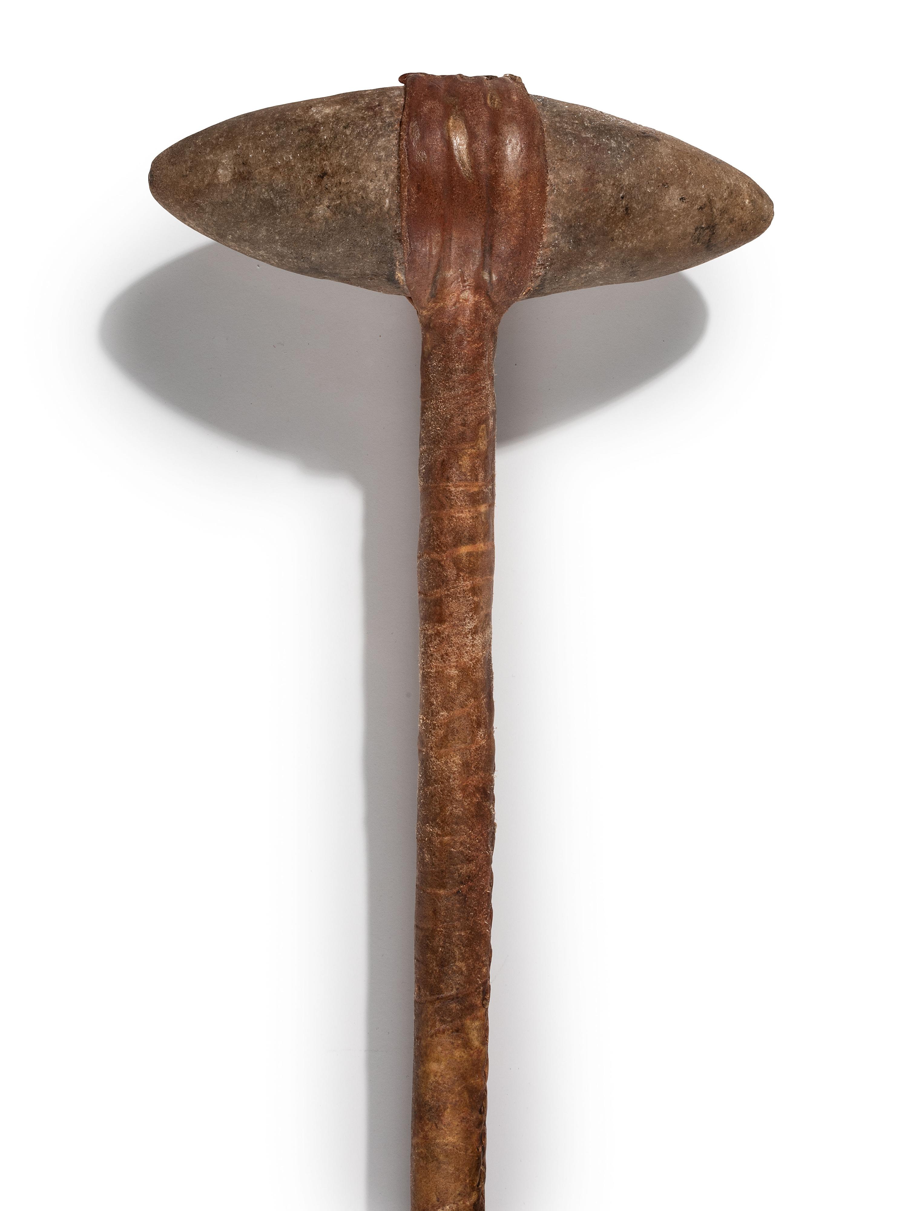 Plains Stone Club, with Buffalo Hide Wrapped Handle