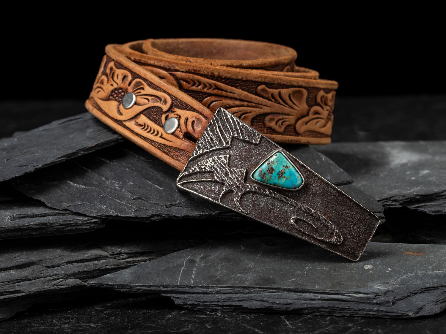 Tufa Cast Silver and Turquoise Belt Buckle, with Tooled Leather Belt