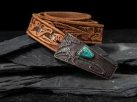 Tufa Cast Silver and Turquoise Belt Buckle, with Tooled Leather Belt